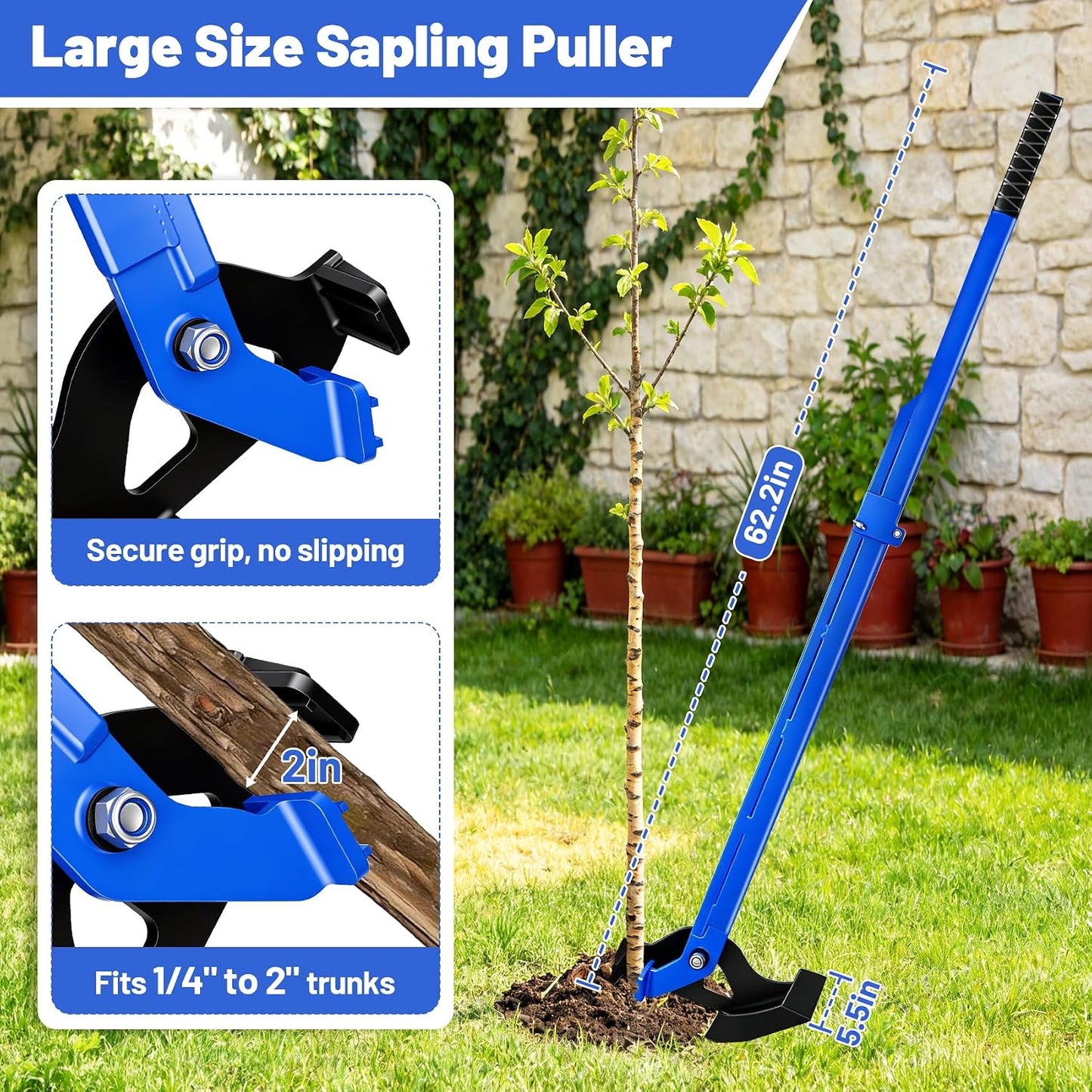 62" H Heavy-Duty Tree Puller for ¼ to 2" Roots, Large Size Sapling Puller Fully Uproots Trees, Shrubs, Vines and Thorns, Fit for Garden, Farm, Forestry, Widened Working Surface, Foldable Design