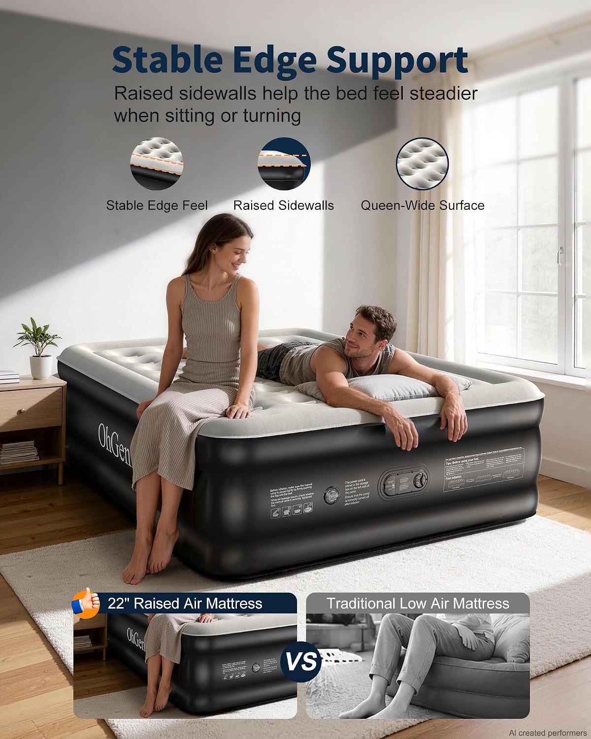 OhGeni 22" Raised Air Mattress Queen with Built in Pump, Inflatable Blow Up Mattress, Upgraded Surface Portable Bed for Home, Camping, Colchone Inflable, Ideal Sleep Solution for Guests, 650lbs