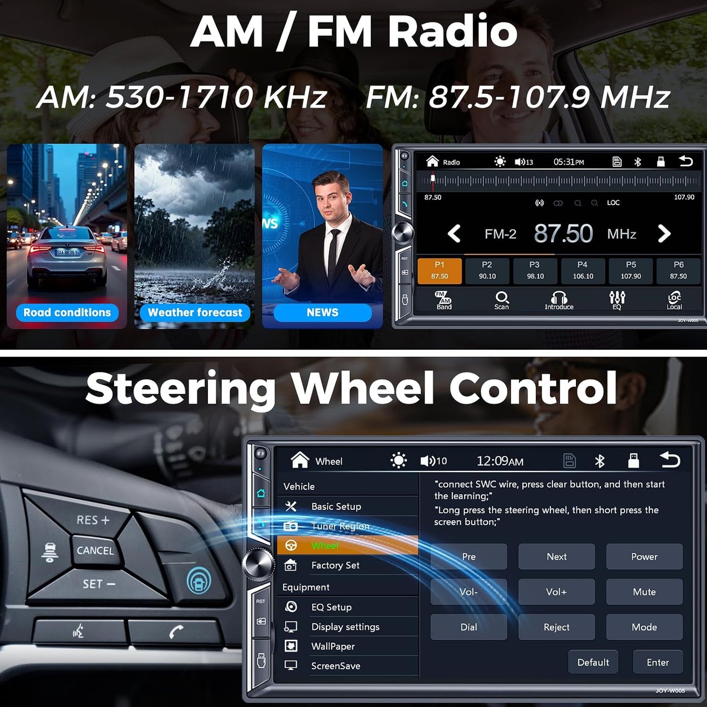 7" Double Din Car Stereo with Wireless CarPlay and Android Auto, Bluetooth 5.3, MirrorLink, Touchscreen, FM/AM Car Audio Receiver