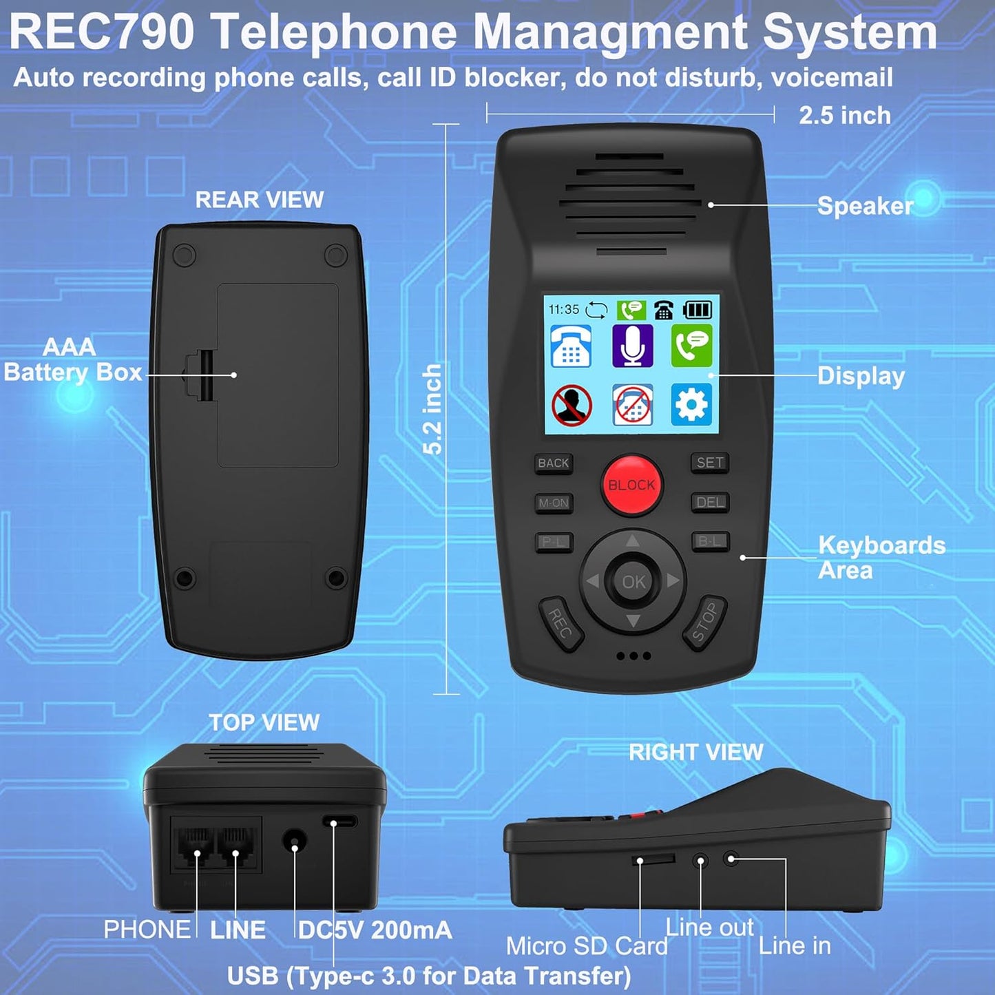 Analog Telephone Recorder, 32GB Automatic Call Recording with Time Stamp, Answer Machine, Remote Access, Call ID Block, Do Not Disturb