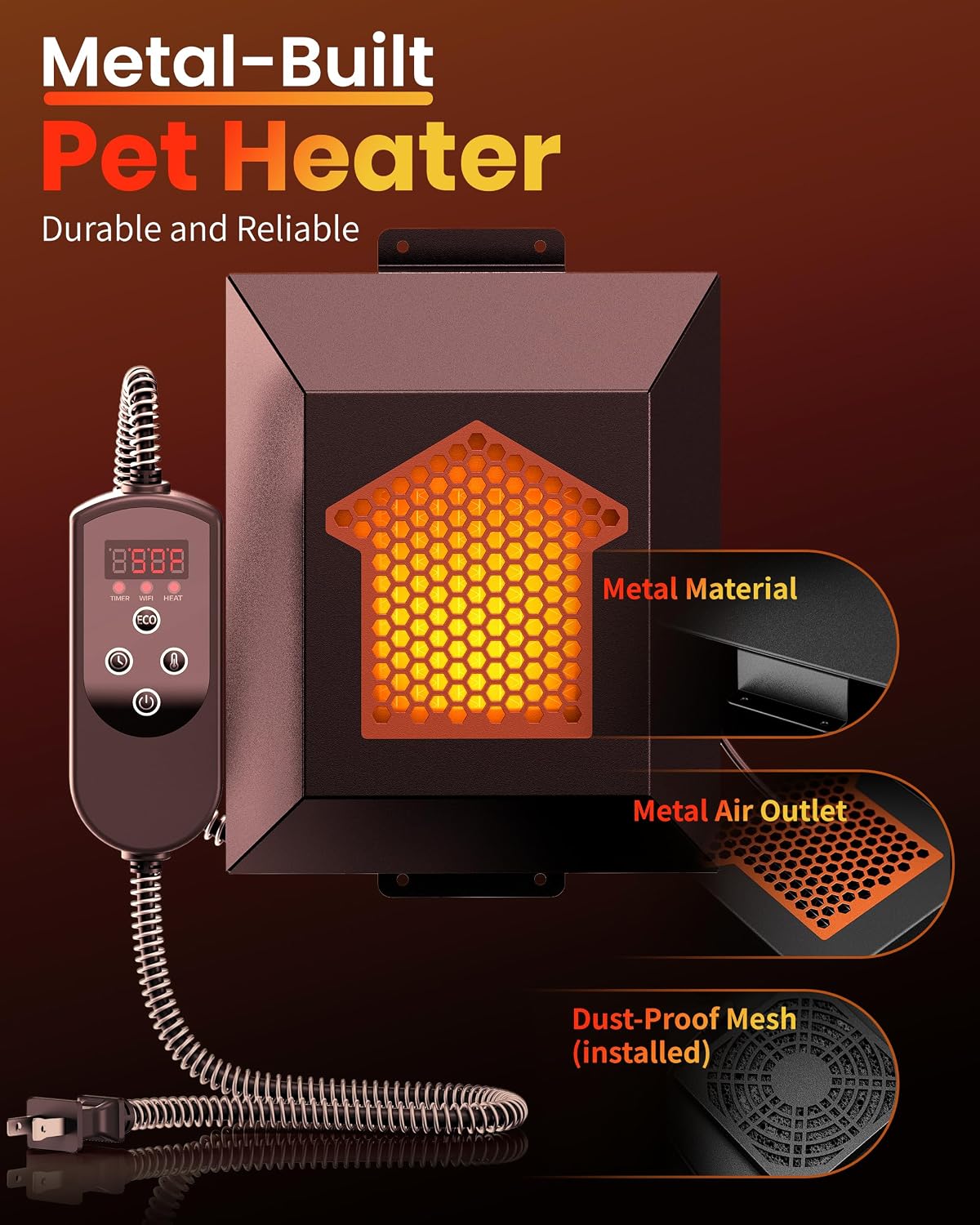 Dog House Heater 600W, Wall-Mounted Heater with WiFi & Timer for Pet House