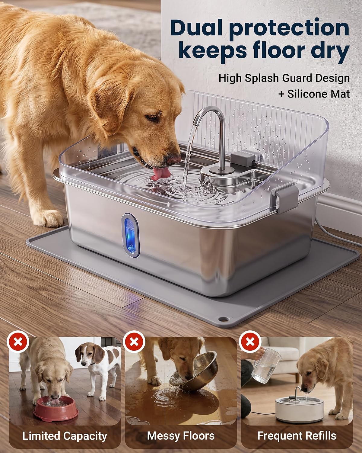 3.17 Gal Dog Water Fountain for Large Dogs, Stainless Steel Pet Water Dispenser with Splash Guard, Large Capacity, Visible Window, Quiet Pump, 3 Filters and Silicone Mat, Metallic Silver 3.17Gal Fountain & 3 Filters, Metallic Silver