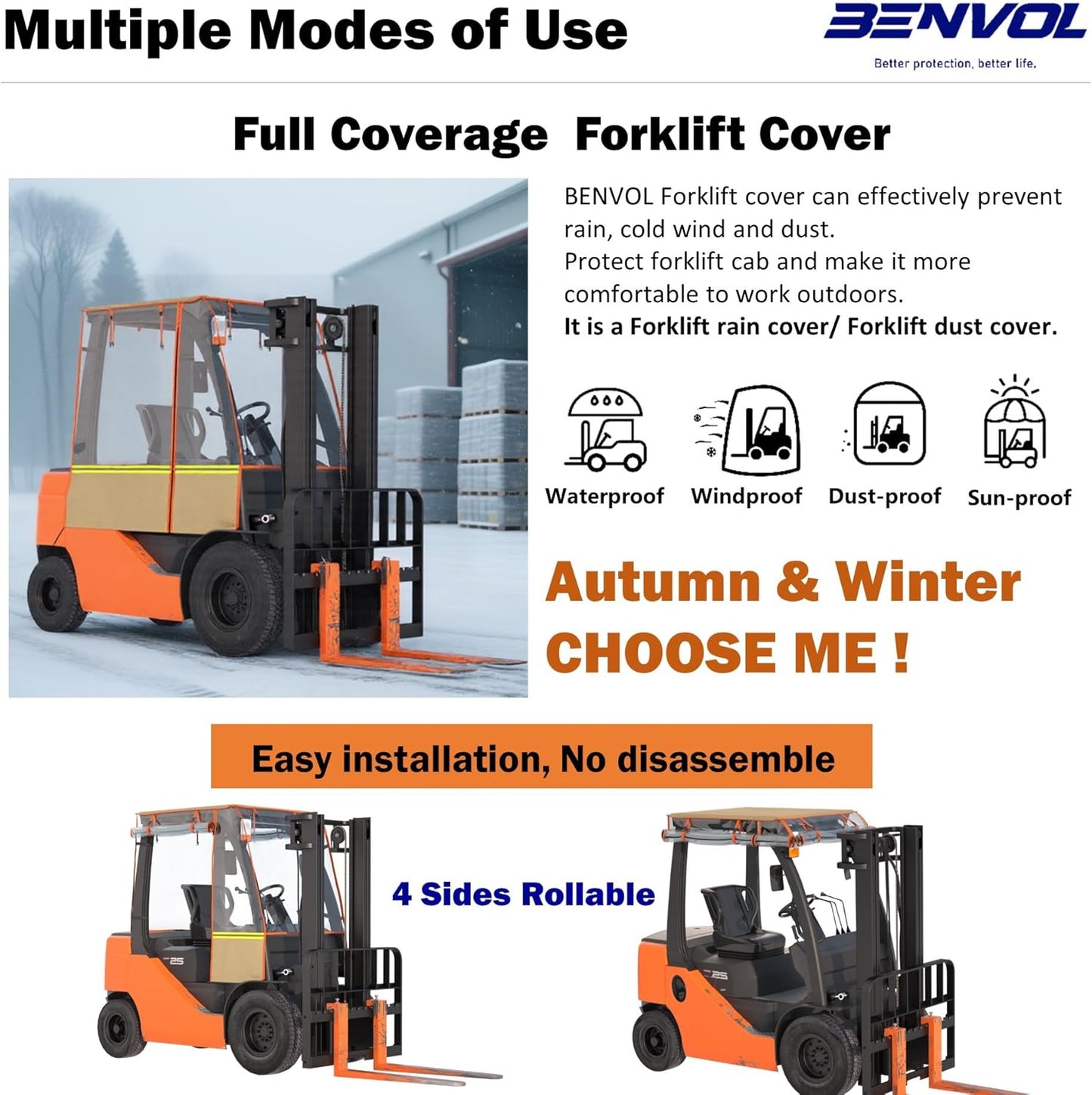 BENVOL Forklift Cab Enclosure Cover - Heavy Duty 0.5mm Clear PVC & 600D Silver-Coated Oxford - Universal Forklift Rain Cover Sunshade Fits Toyota Hyster Yale up to 6000lbs - Waterproof & UV Protection
