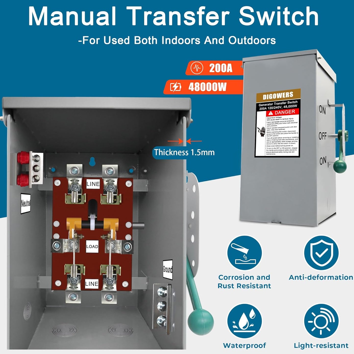 Upgraded 200 Amp Generator Transfer Switch, Manual Transfer Switch 2 Pole 4 Wires, 120/240-Volt 48,000-Watt General-Duty Double Throw Safety Switch,