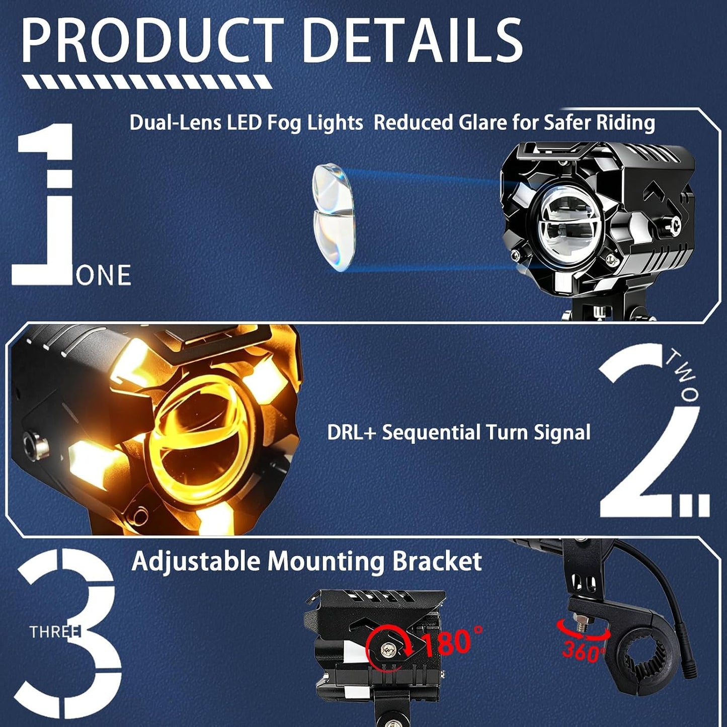 15000LM Motorcycle Driving Lights, Dual-Lens LED Fog Light Kit with Cooling Fan, Wireless & Inline Switch, External Driver, Quick-Release Connector, IP68, 5 Modes & Turn Signal (JRY13)