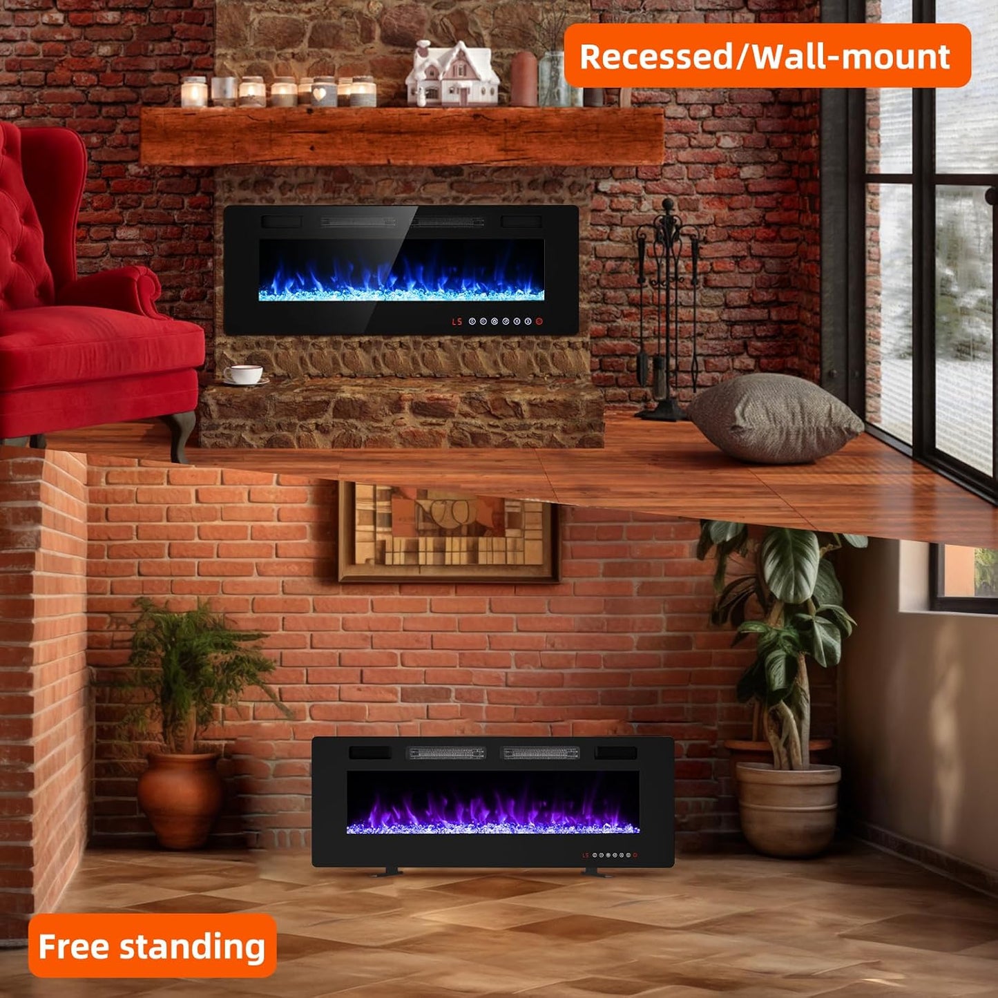 50' Recessed and Wall Mounted Fire Places Electric Fireplace with Remote