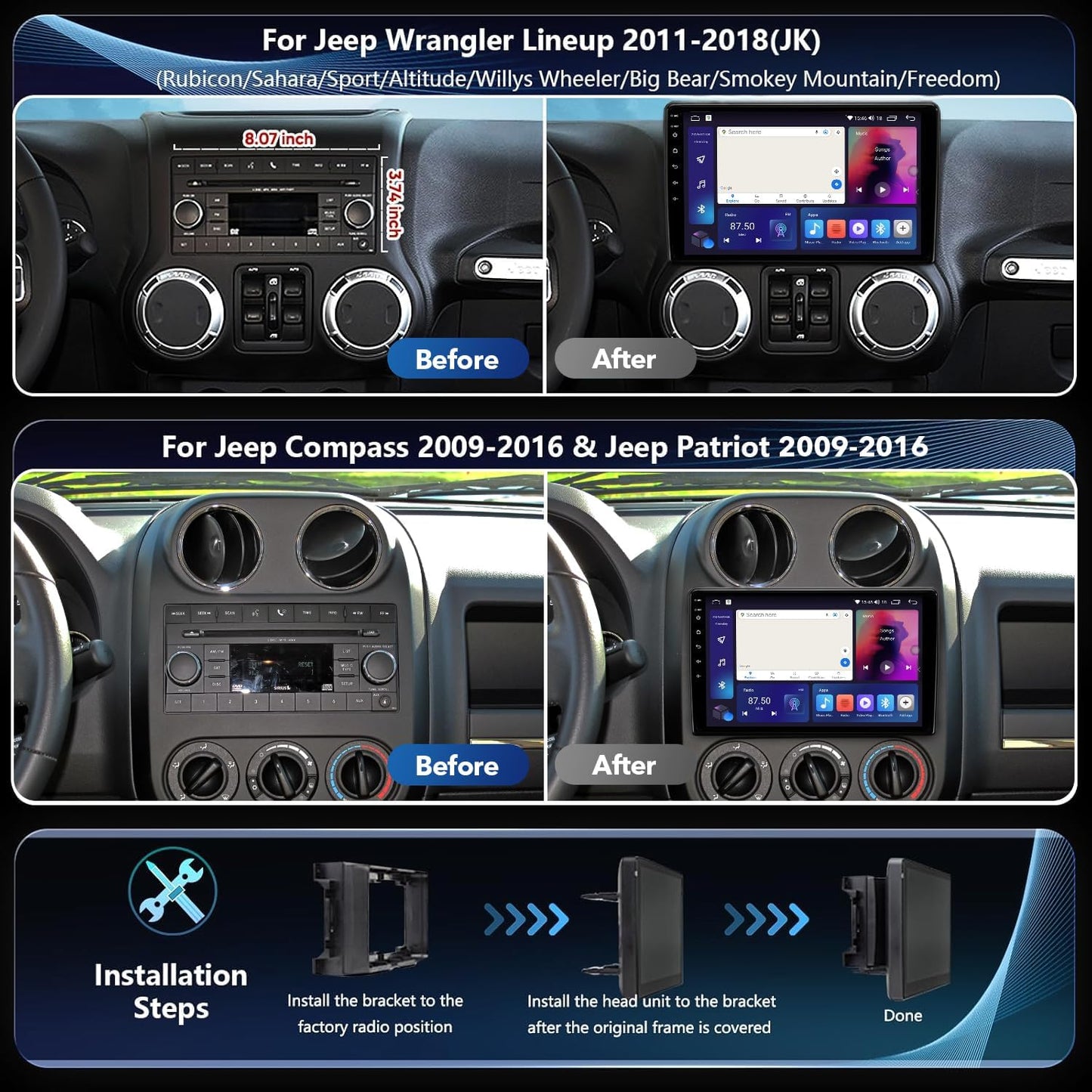 8Core 4+64GB Android 13 Car Radio Stereo for Jeep Wrangler JK Compass Grand Cherokee Dodge Ram, 10.2" QLED HD Touch Screen Head Unit with Carplay/Android Auto/5GHz WiFi/DSP/1080P Backup Camera/AM & FM 10.2'' QLED TOUCHSCREEN