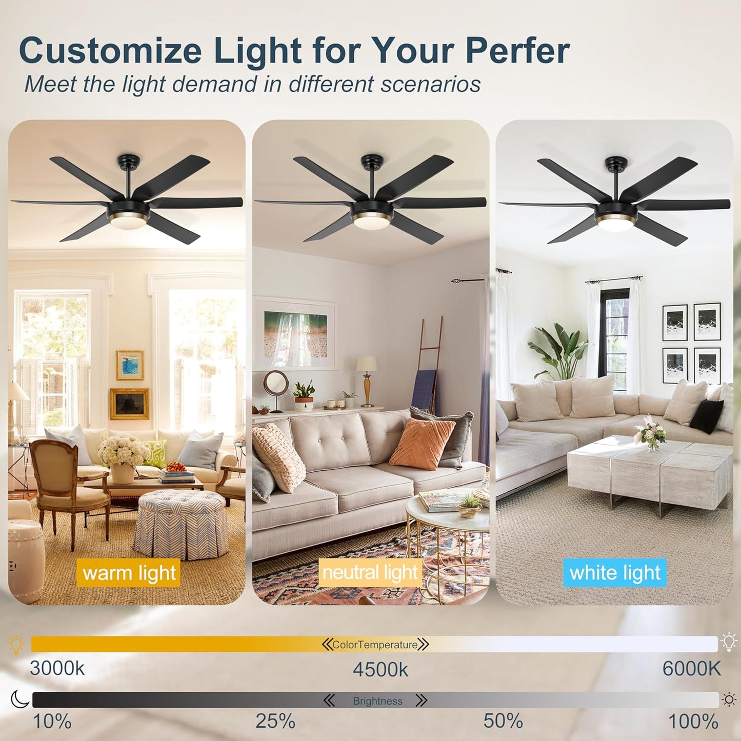 56 Inch Black, Quiet, Reversible Ceiling Fans with Dimmable 3-Color Lights and Remote