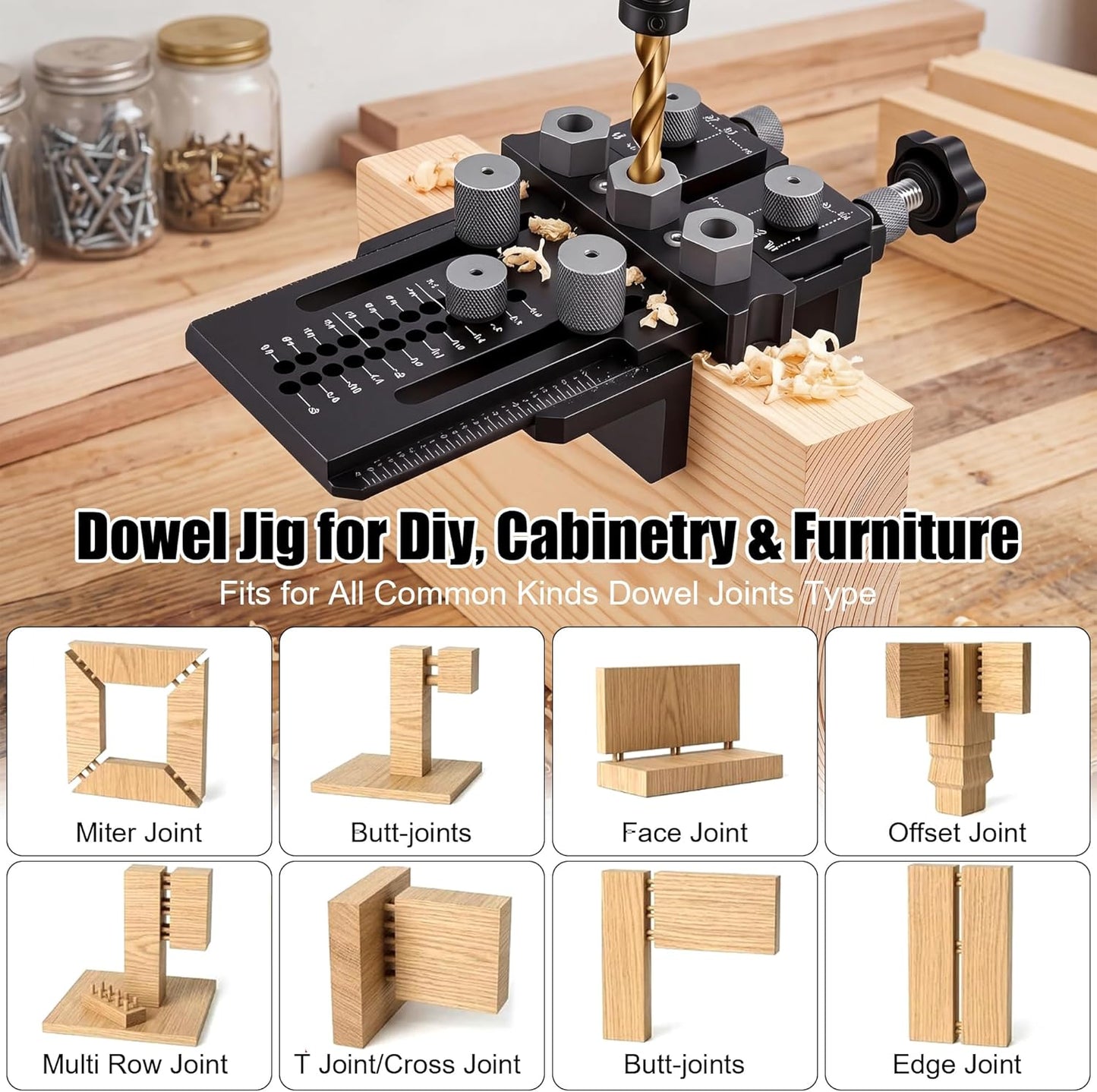 Dowel Jig Kit with Quick Positive Stop and Clamp, Precision Adjustable Doweling Jig for Drill 1/4, 3/8 and 1/2 Inch Accurate Straight Dowel Holes, fit Any Thickness Wood Joints, for Furniture, Cabinet Black