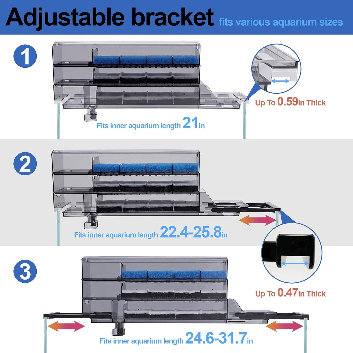 3-Tier Wet-Dry Trickle Aquarium Filter, Smoke Clear Filter Box, 476 GPH 3-in-1 Water Pump, Ultra Quiet, Adjustable Bracket, Easy Maintenance, For 20-80 Gallon Freshwater Saltwater Turtle Tanks