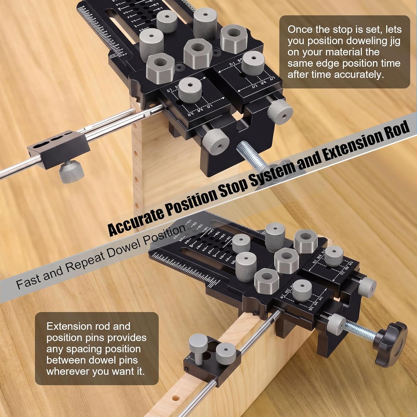 Dowel Jig Kit with Quick Positive Stop and Clamp, Precision Adjustable Doweling Jig for Drill 1/4, 3/8 and 1/2 Inch Accurate Straight Dowel Holes, fit Any Thickness Wood Joints, for Furniture, Cabinet Black