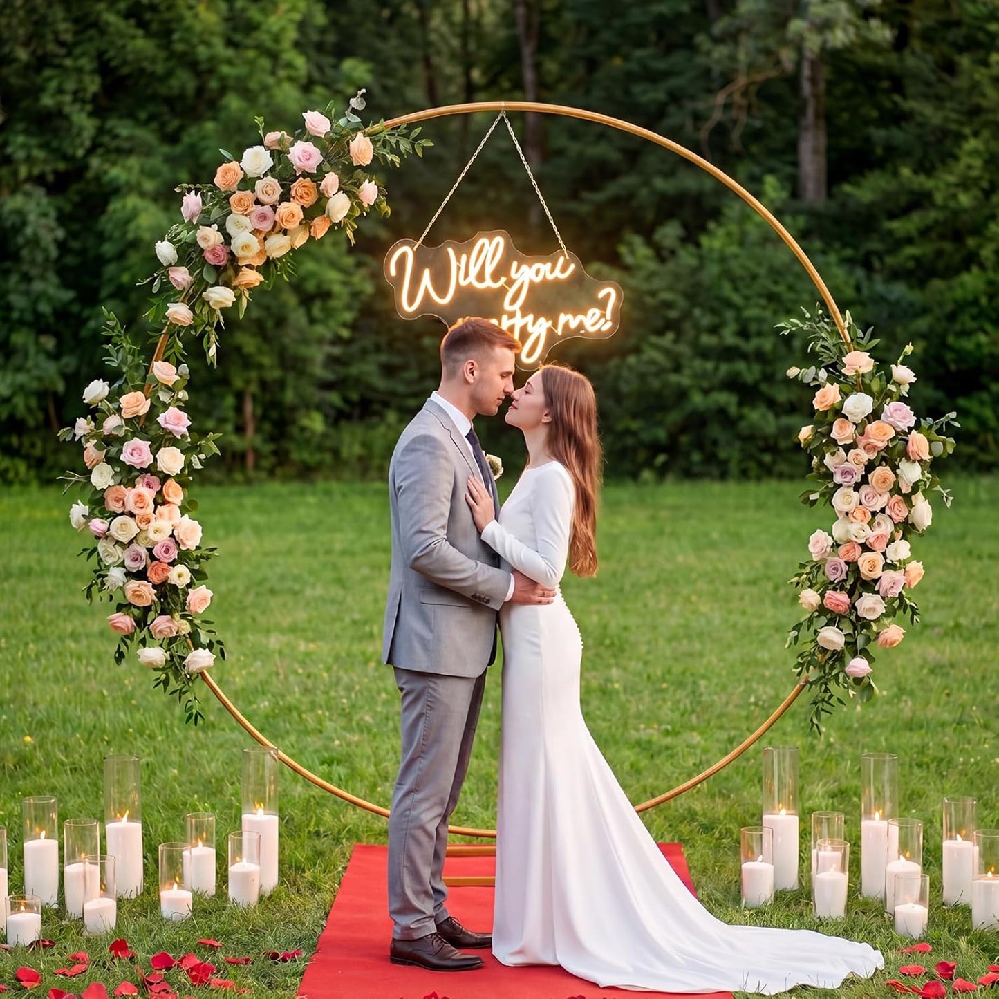 Will You Marry Me Sign 6.6 ft Large Metal Round Wedding Arch Stand Marry Me LED Neon Light Sign Proposal Decoration Red Carpet Aisle 4000pcs Rose Petals for Proposal Engagement Anniversary