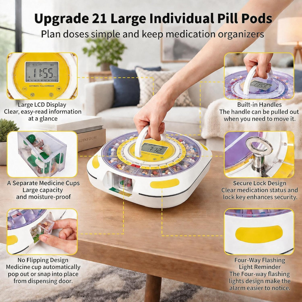 21-Day Automatic Pill Dispenser with Individual Pods & 9 Alarms for Seniors, Purple Lid