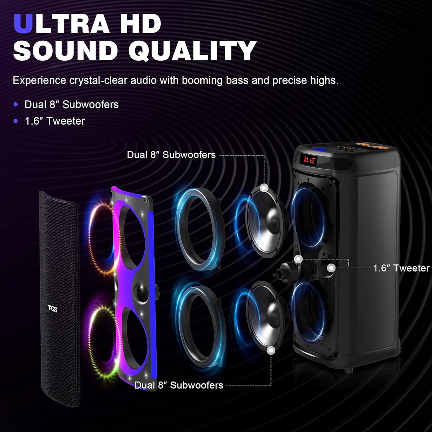 Karaoke Machine with 2 Wireless UHF Microphones, Dual 8&#34; Portable Bluetooth Speakers for Adults & Kids, PA System for Party with Disco LED