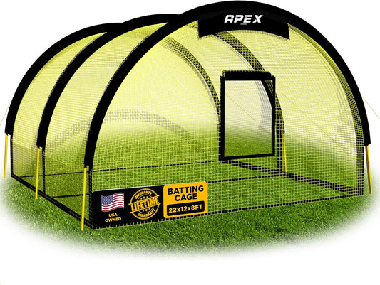 Apex Sports Portable 22ft x 12ft x 8ft Baseball & Softball Batting Cage with Pitching Machine Hole, 3ply 1.25&#39;&#39; Yellow Netting, Secure Steel