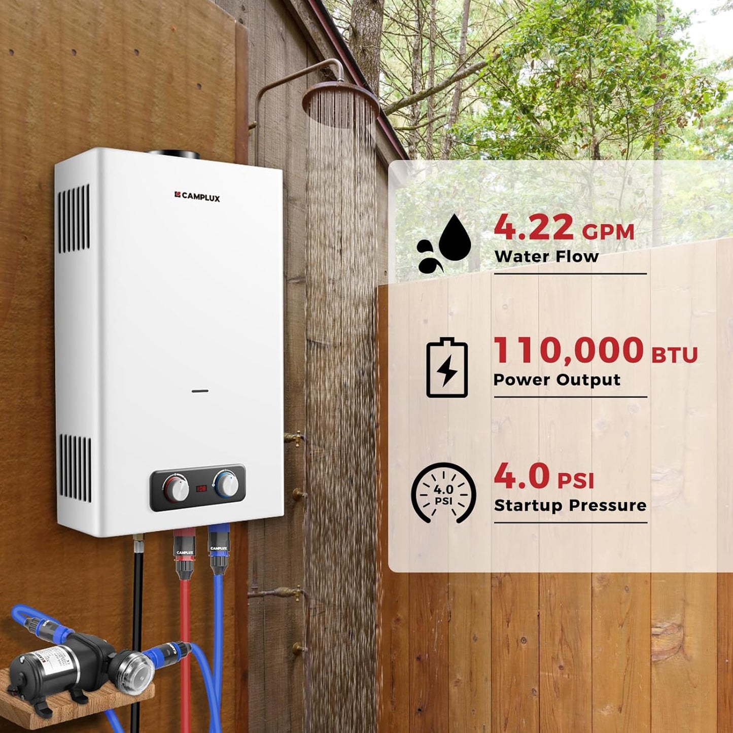 CAMPLUX Tankless Water Heater Outdoor, 4.22 GPM Propane Water Heater with 3.3 GPM Water Pump & Pipe Strainer, 11