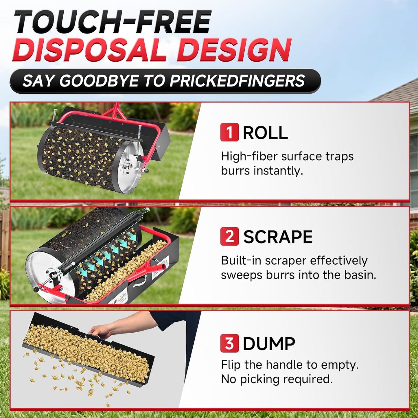 Manual Yard Burr Removal Roller Tool, Push-Style Sticker Burr, Goat Head and Grass Burr Collector with Built-in Debris Bin, Designed for Dry Lawn, Driveway and Path Surface Cleanup