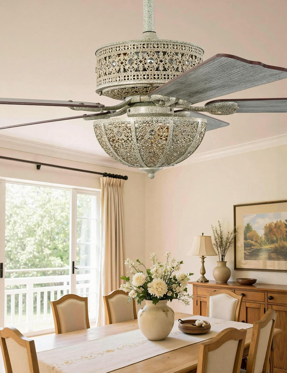 52 Inch Distressed Turquoise Chandelier Ceiling Fan with Light and Remote