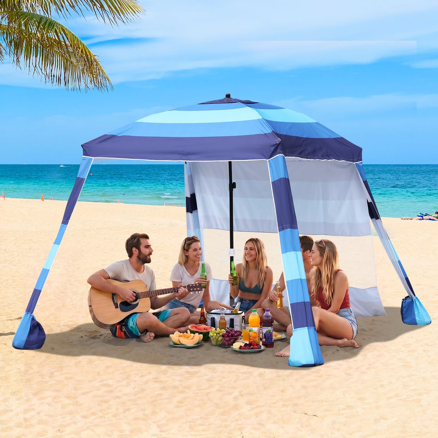 Beach Cabana,Spacious 7.2 x 7.2 FT Beach Cabana Provides Ample Shade for 5-6 People, Perfect for Family Outings; Features 3 Side Curtains for Enhanced Privacy and Wind Protection BLUE