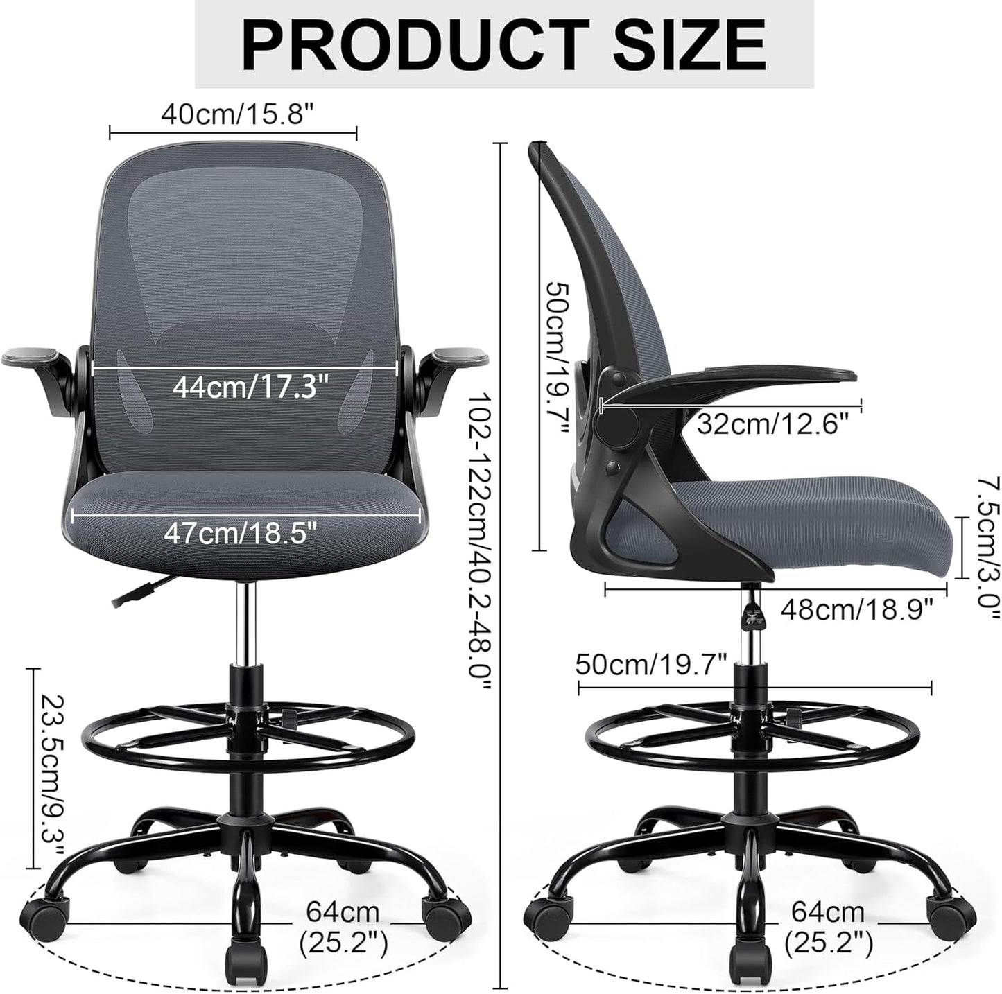 Drafting Chair Tall Office Chair with Flip-up Armrests, Adjustable Height