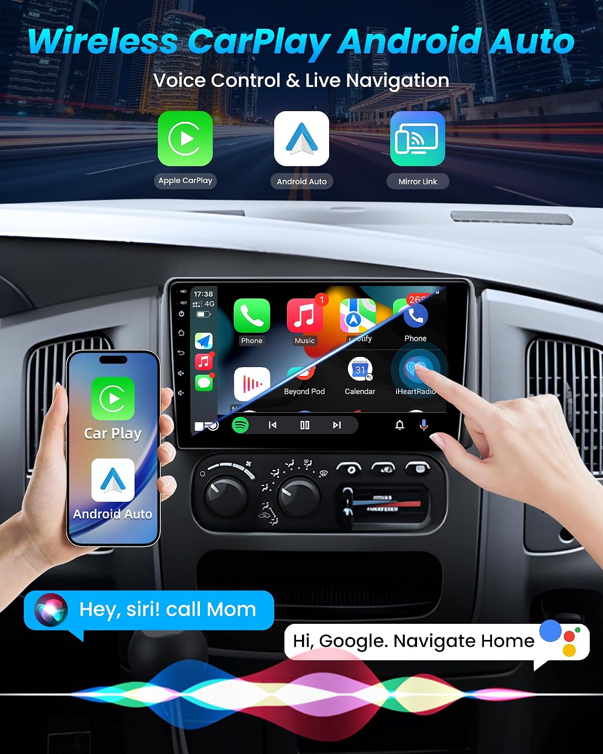 Car Stereo for Dodge Ram 1500 Radio 2002-2005: 9 Inch Touch Screen Upgrade Apple CarPlay Android Auto Bluetooth GPS Navi 5G WiFi Backup Camera Support Steering Wheel Control FM