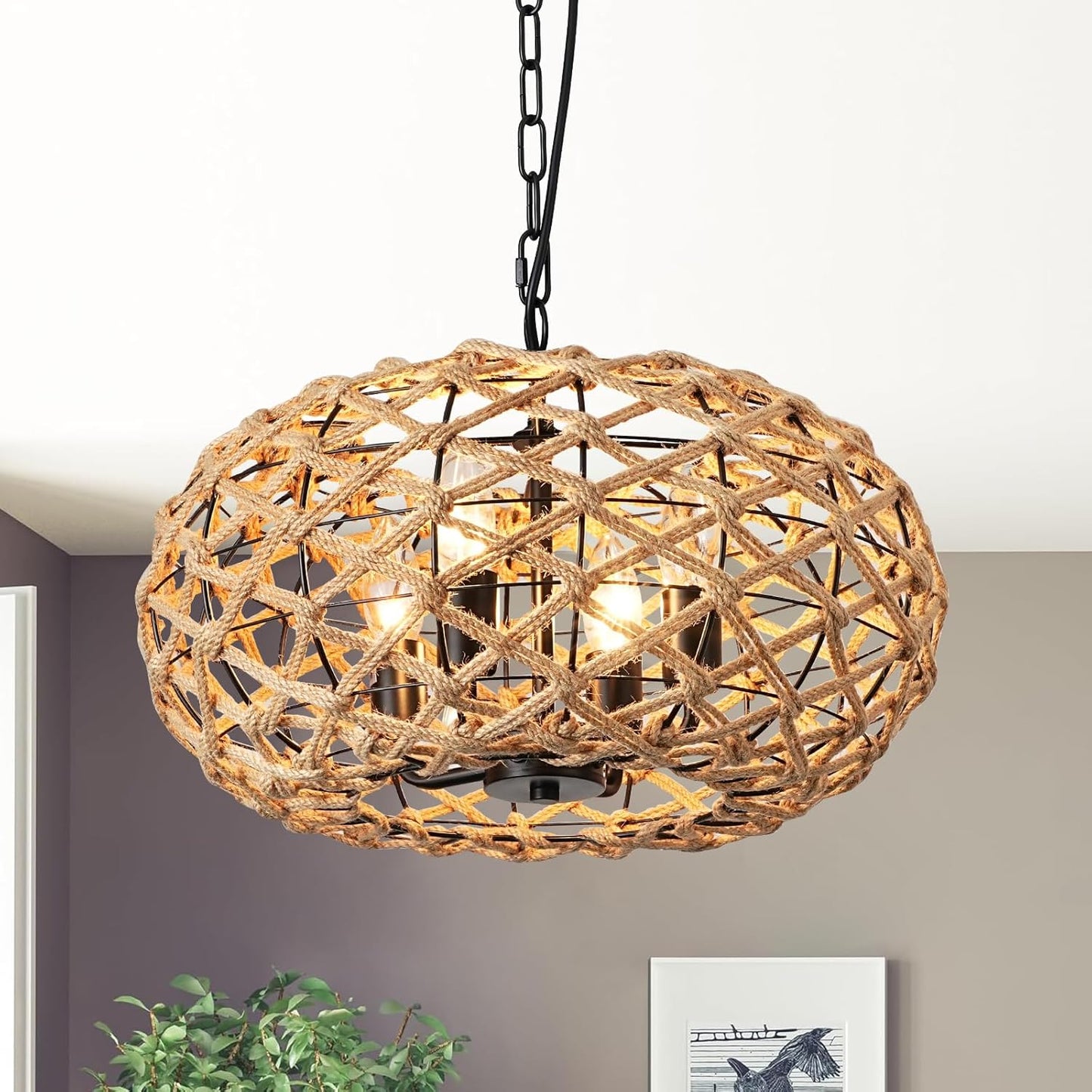 Hand Woven Pendant Light, 4-Light Boho Large Pendant Lighting, 16' Hanging Light Fixtures Rustic Rattan Hanging