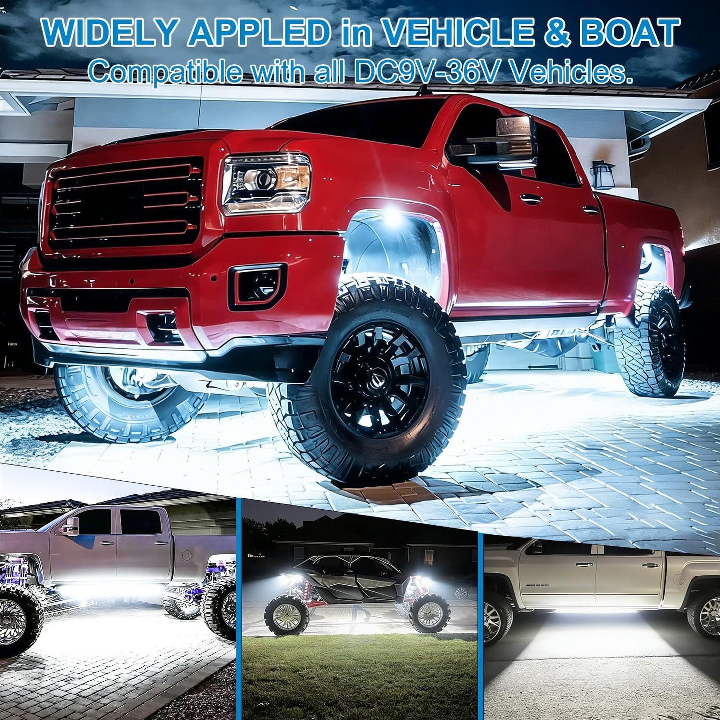 84 LEDs per pod Metal Aluminum Pure White Rock Lights 6000k Neon underglow Light IP68 Waterproof for Bike Motorcycle Pickup Trucks SUV ATV Pack 8