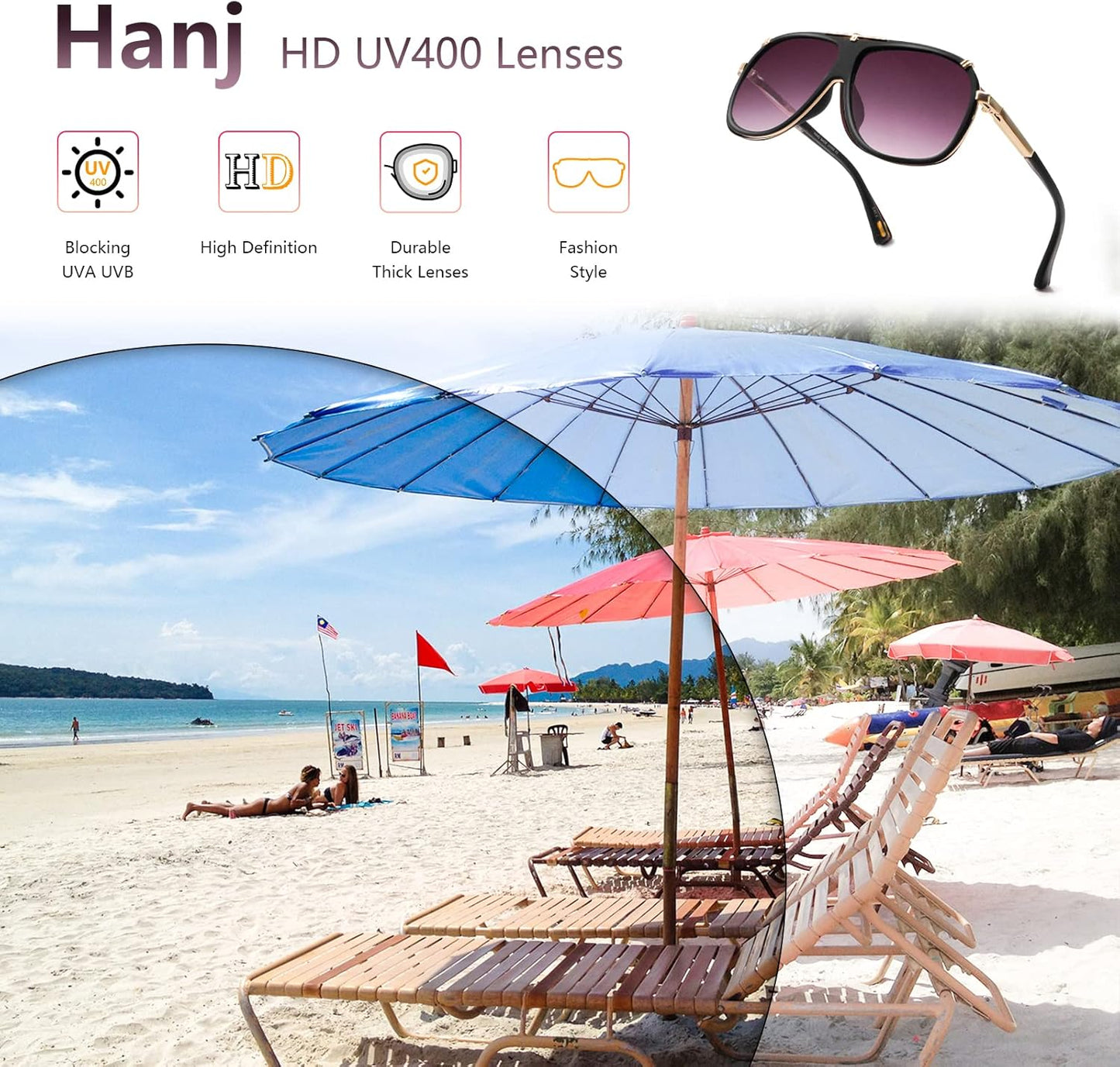 Hanj Trendy 70s Retro Square Sunglasses for Men Women Fashion Classic Aviator Vintage Sun Glasses Gold Metal Shades (Matte / Dull Black)