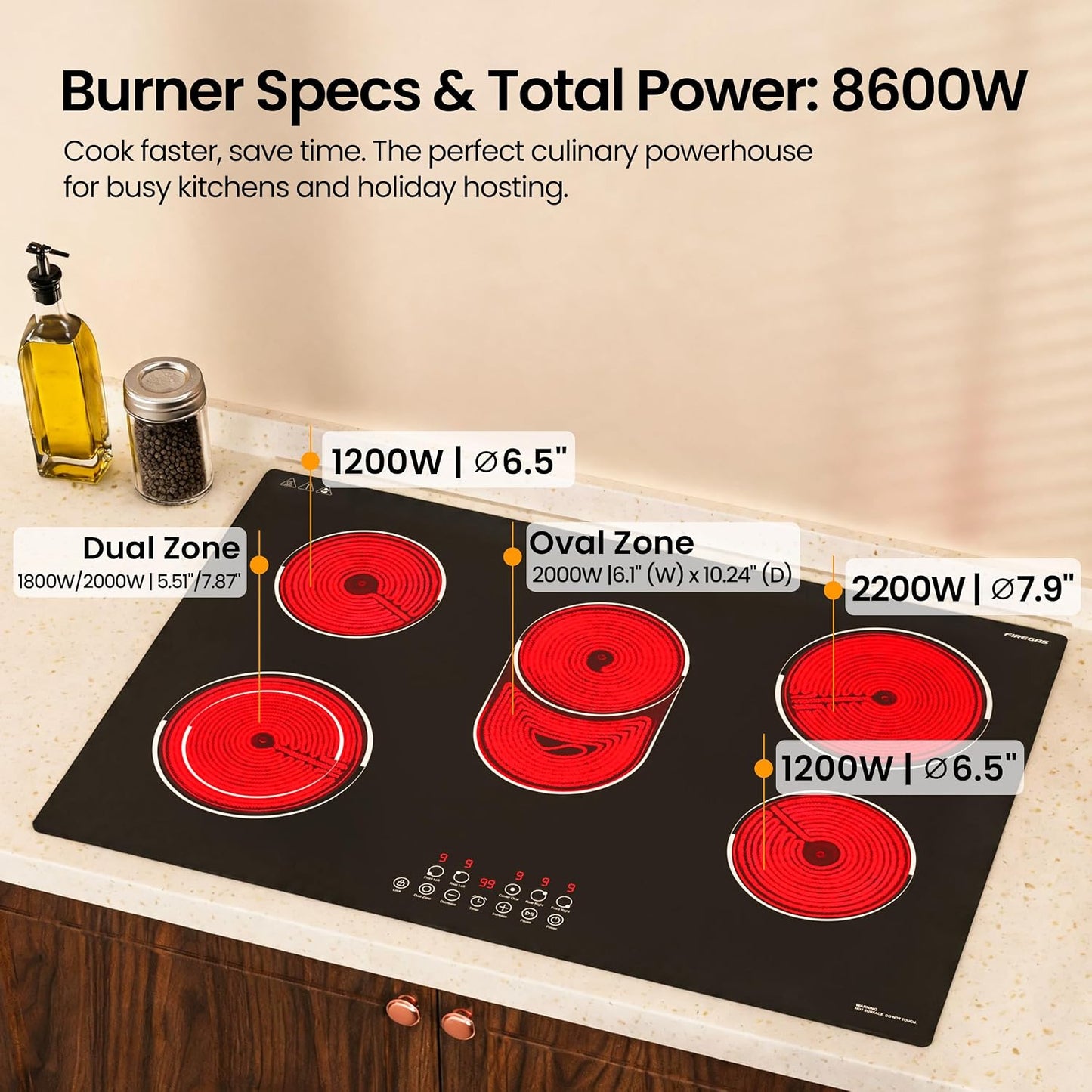 FIREGAS 30 Inch Electric Cooktop 5 Burners, Built-in Ceramic Stove Top with Matte Glass & Touch Control, 30" Radiant Electric Cooktop with Dual Ring & Oval Zone, Timer, Child Lock, 220-240V Hardwired