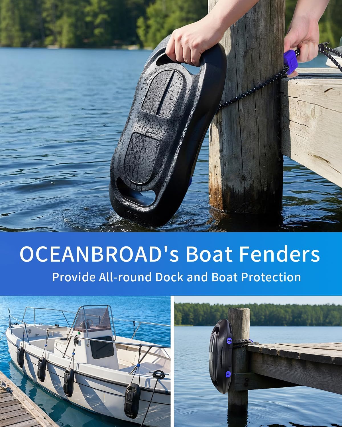 OCEANBROAD EVA Boat Fenders 2 Pack, 17" x 8" Boat Bumpers for Docking, with Quick-Lock Rope & Strap, Black, Fit for Pontoon, Jon, Ski and Fishing Boats, Marine-Grade Foam for Hull Protection