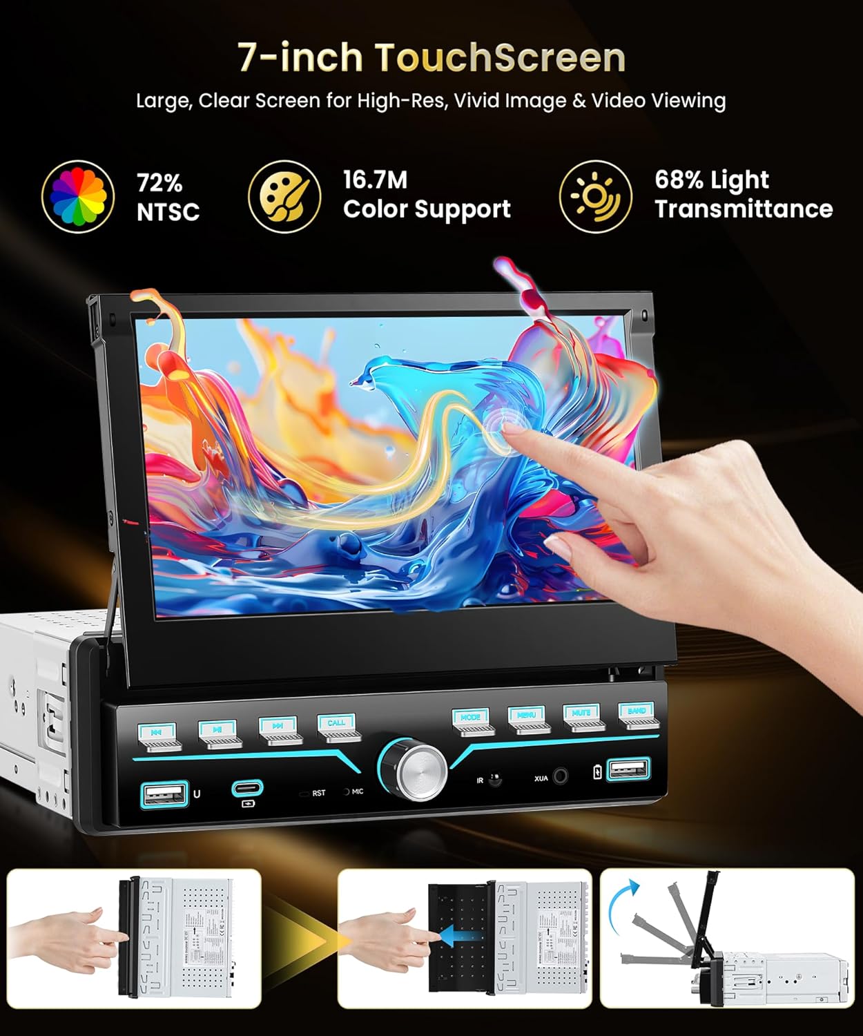 7'' Single Din Car Stereo with Piano Keys,Wireless CarPlay Android Auto,HD IPS Manual Telescopic Touchscreen Radio with Bluetooth,FM Radio Receiver Support USB/Type-C,Mirror Link,Backup Camera