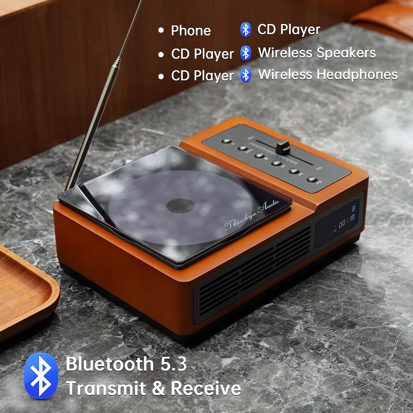 R02 Retro CD Player with FM Radio, Bluetooth 5.3 Transmitter & Receiver, Dual Stereo Speakers, Rechargeable Battery, USB/SD Playback, Home Audio System, Brown