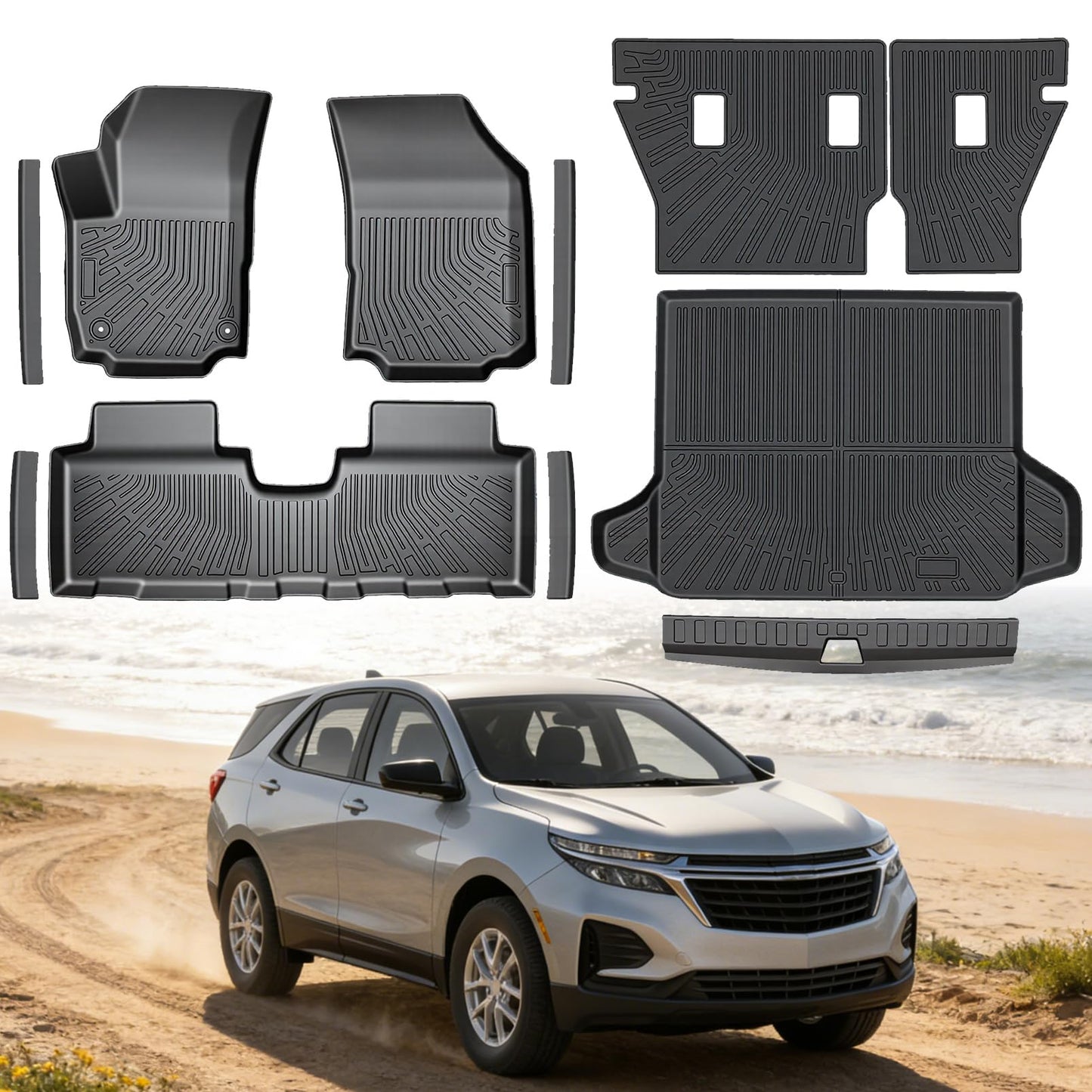 Floor Mats for 2018-2024 Chevy Equinox Gas Model TPE 11PCS Full Set with Cargo Liner Seat Back Bumper Protector Door Sill Guards All-Weather Heavy Duty Custom Fit Equinox Interior Accessories