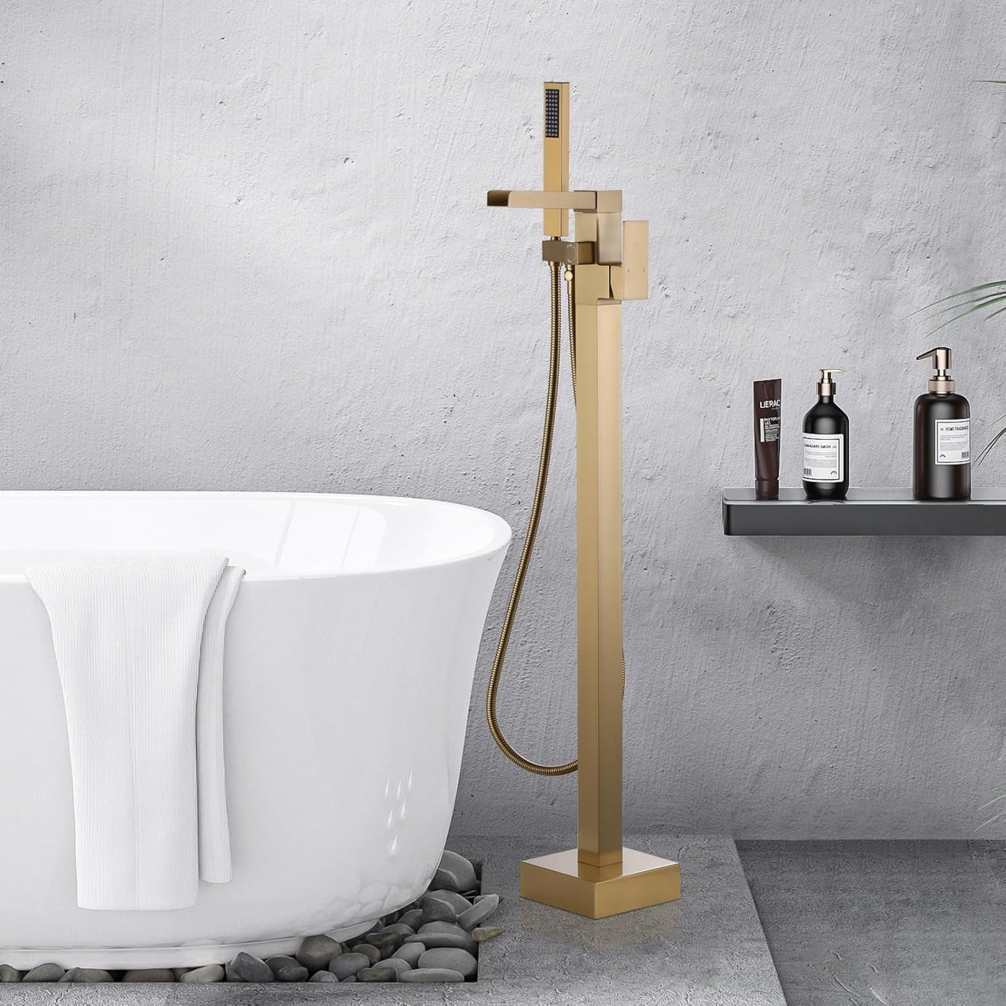 Freestanding Tub Faucet Brushed Gold: ALEASHA Free Standing Tub Filler, High Flow Max 6.74 GPM, Brass Made Floor Mount Bathtub Faucet with Handheld