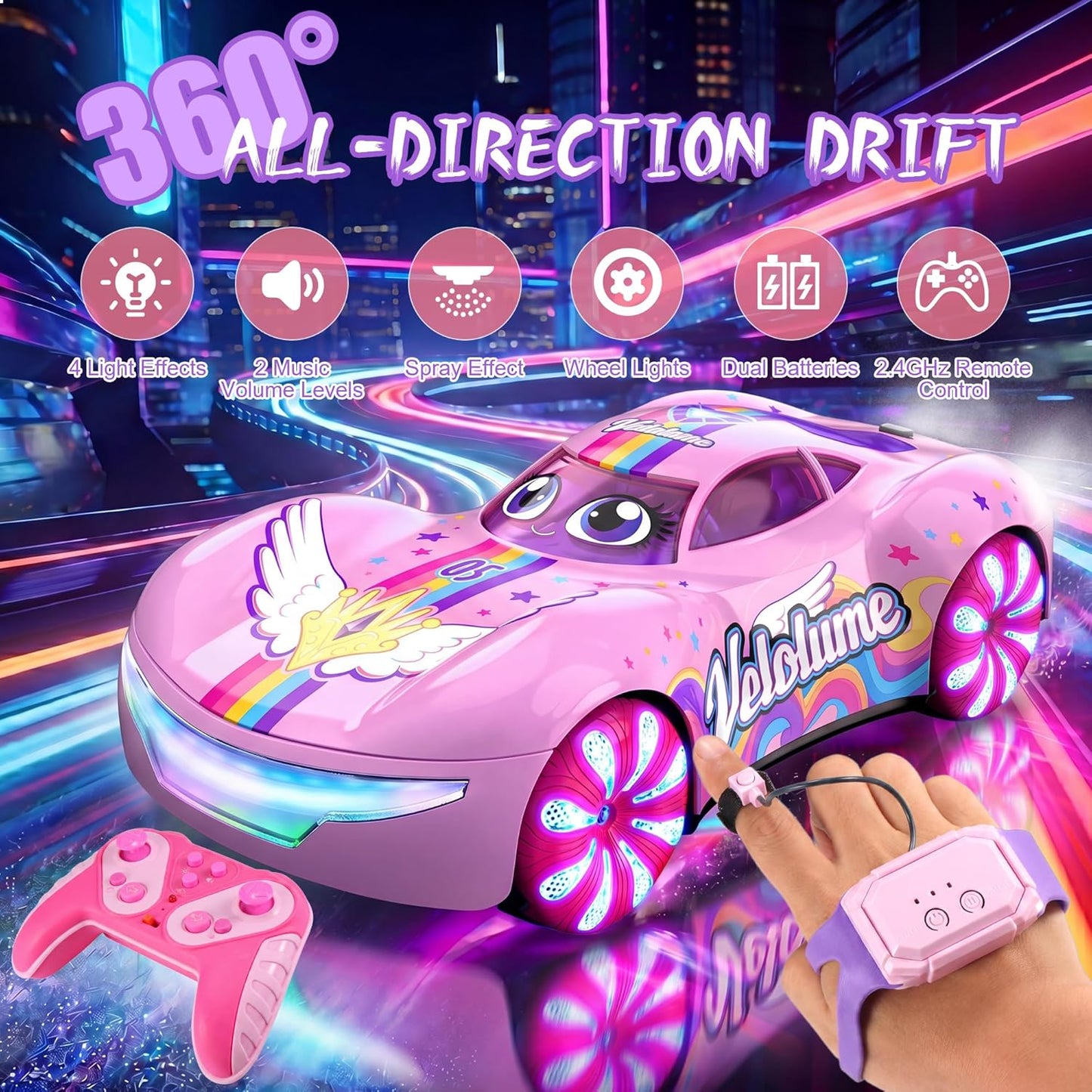 Gesture Sensing RC Drift Car, Pink, Hand Controlled Stunt Remote Control Car for 6-12 years of age, with Mist Spray, LED Light Wheels & 360° Spin, 2.4GHz 50 Min Play Dual Batteries, Hobby Toy Birthday Gift, Pink