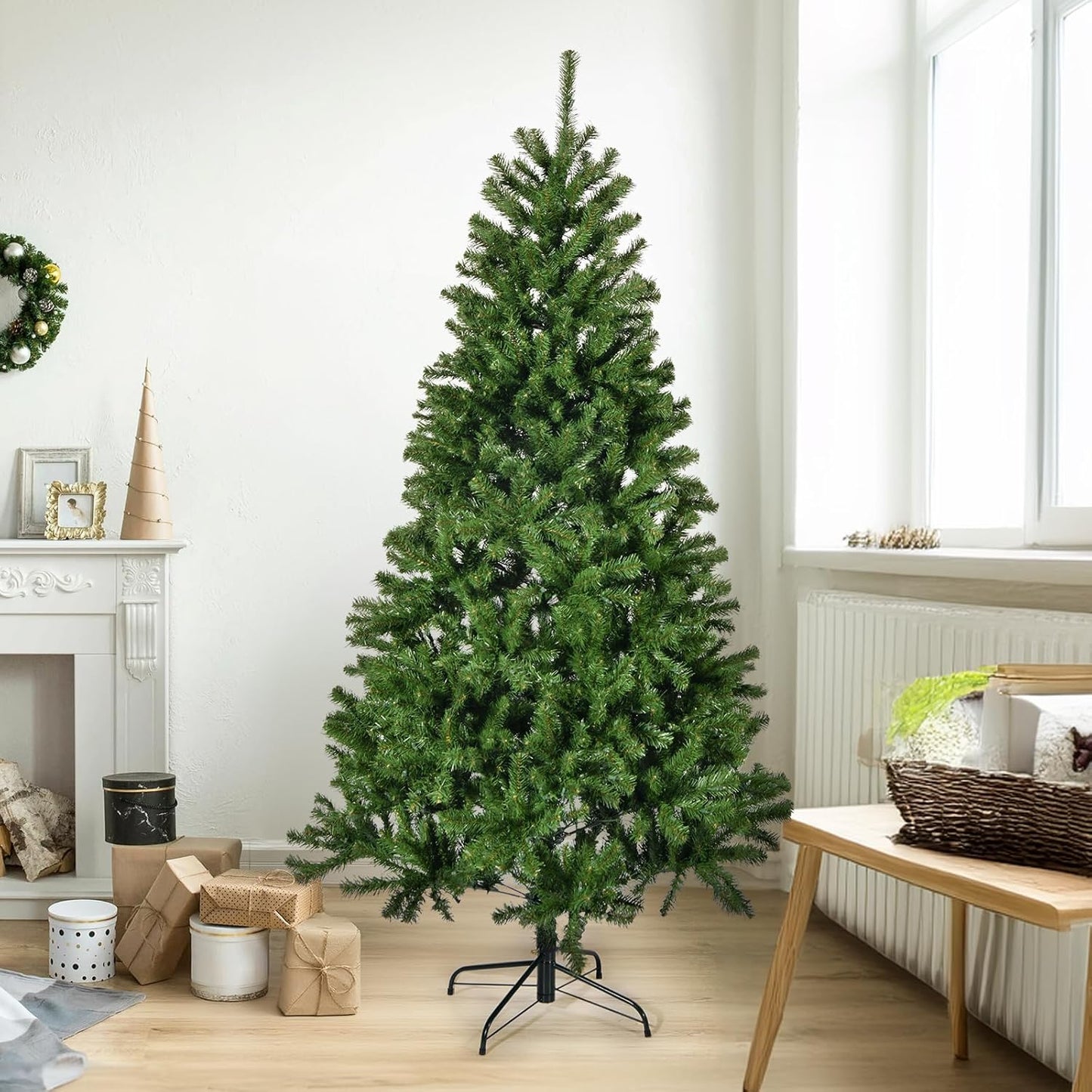 7FT Luxury Artificial Holiday Christmas Tree with Metal Hinges & Foldable Base Easy Assembly, for Home, Office, Parties (7FT, Green Without Light)