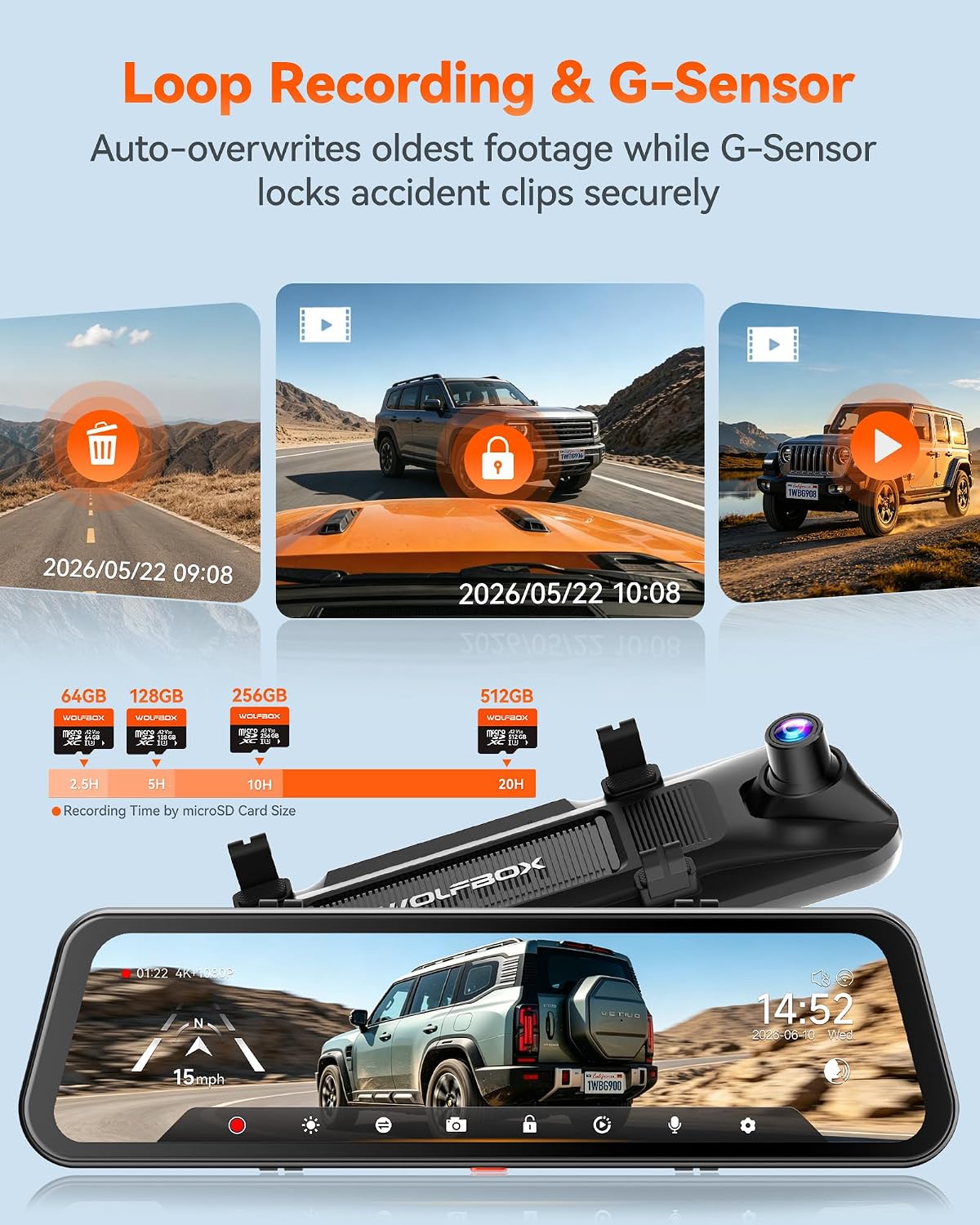 WOLFBOX G900 Core 12" 4K Mirror Dash Cam, 8MP STARVIS 2 IMX678 Night Vision G900 Core-128GB SD Card
