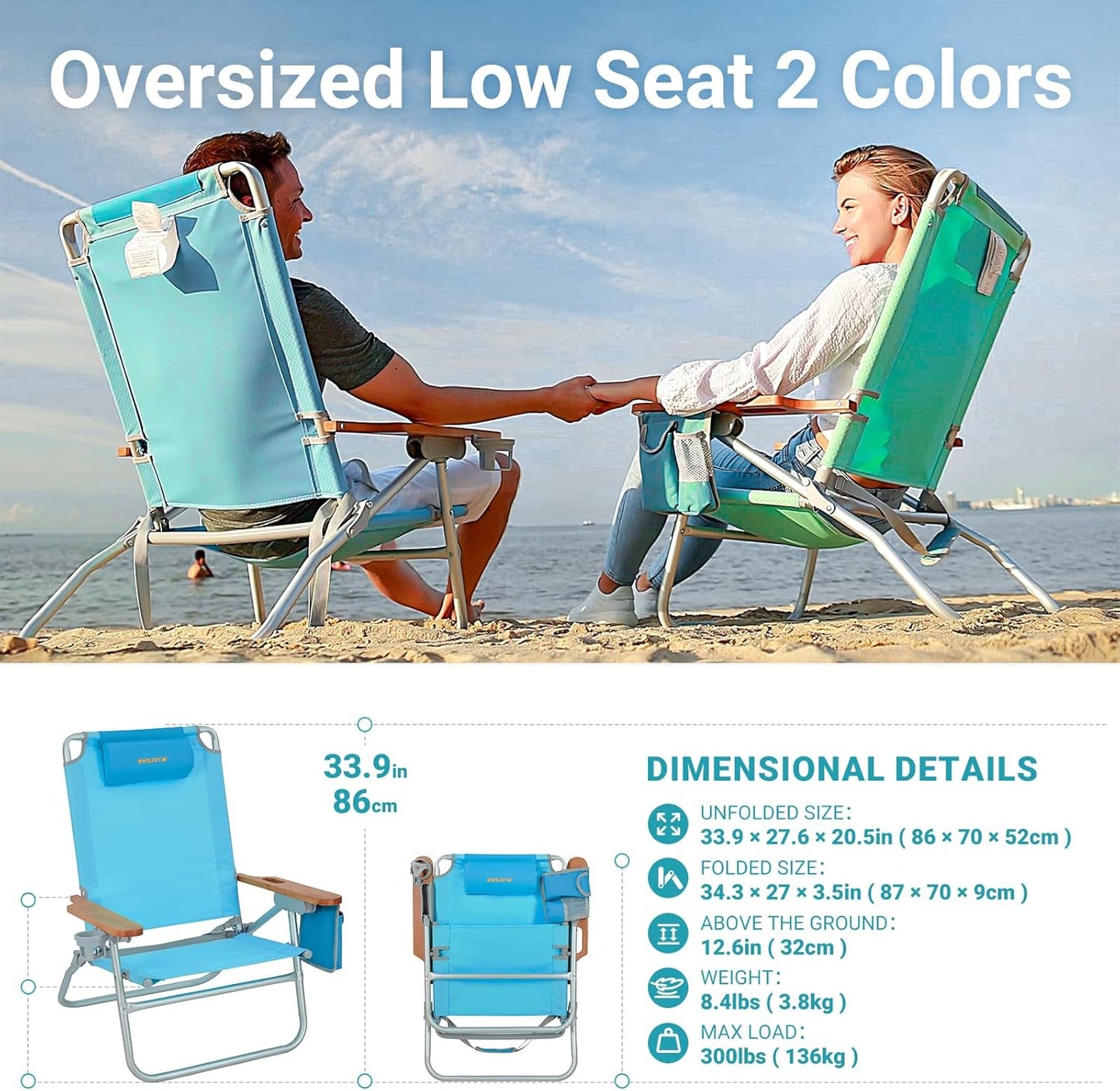 #WEJOY Oversized Reclining Beach Chair - Backpack Folding Adult Portable Low Seat with 4 Adjustable Positions, Carry Strap, Cup Holder, Wooden