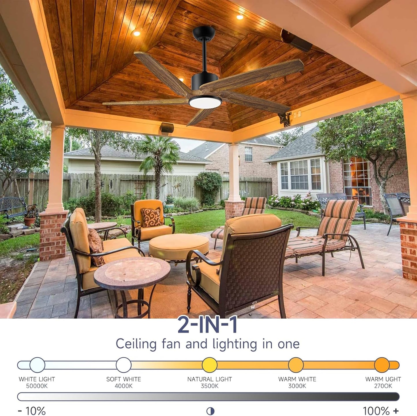 52 Inch DC Ceiling Fans with Lights and Remote, Outdoor Ceiling Fan for Patios Waterproof with Lights and 3 Downrods, High cfm 5 Blades Wood Modern