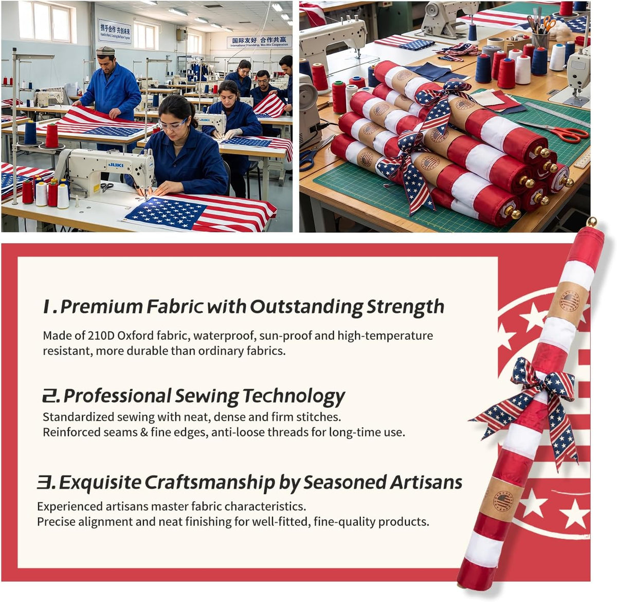American Flags For Outside Set 3x5 Ft, Premium US Flag Made of 210D Nylon Fabric. Features aviation‑grade aluminum flagpole with wood‑grain finish, embroidered stars and hand‑stitched stripes. Sturdy & durable, fade‑resistant for all‑weather use.
