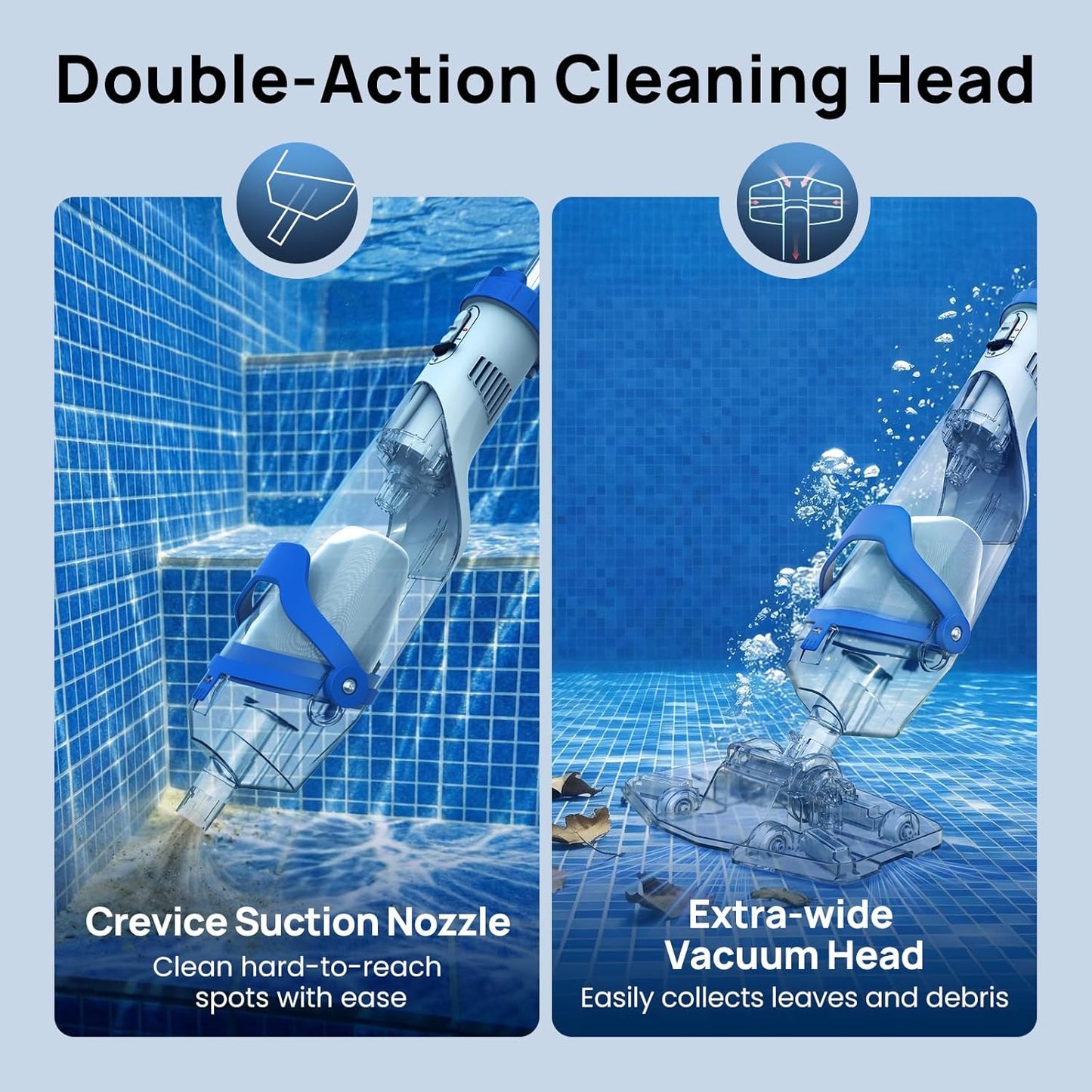 Pool Vacuum for Above Ground & Inground Pools, Consciot Cordless Handheld Rechargeable Pool Cleaner, 1110 GPH Suction, 75Min Runtime, Telescopic Pole up to 87.5", See-Through Head for Spas & More Blue & White