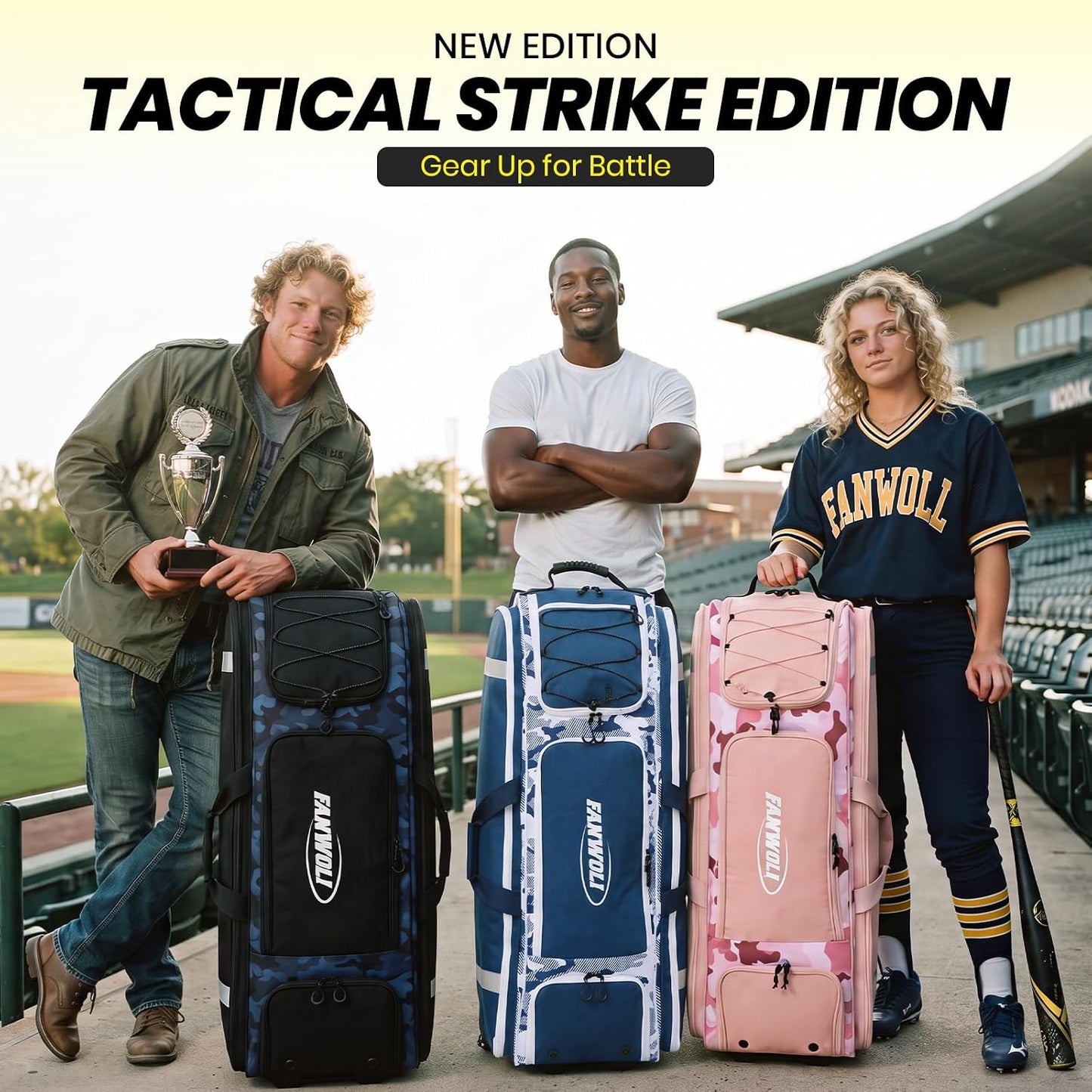 Fanwoli 100L Rolling Baseball Catchers Gear Bag, 5-Hook Dugout Organizer Midnight Stealth Camo-1