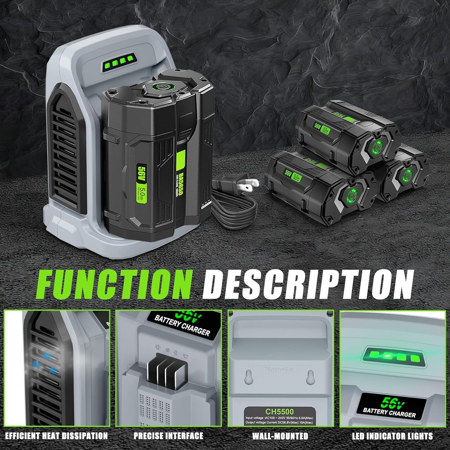 10.0A Replacement Rapid Charger for EGO 56V Battery Charger CH2100 CH3200 CH5500 CH2800D, Compatible with EGO Power+ 56V ARC Lithium Batteries BA1400T BA2242T BA2800T BA3360T