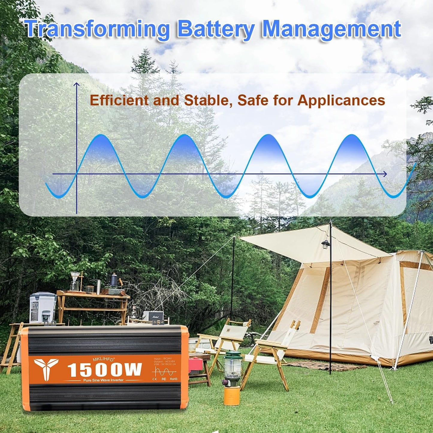 1500 Watt Pure Sine Wave Power Inverter 24V DC to 120V AC, 3000W Surge Peak Power, Inverter for RV, Truck, Solar, Campers with 2 AC Outlet, 5V 2.0A USB, Remote Control Compatible with Lithium