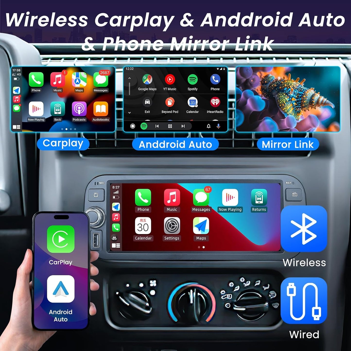 Car Stereo Radio for Dodge Ram 1500 2500 3500 2002-2005: 6.8 Inch 1280x800 IPS Touch Screen Wireless CarPlay Android Auto GPS 5G WiFi SWC 1080P Backup Camera Bluetooth FM/RDS