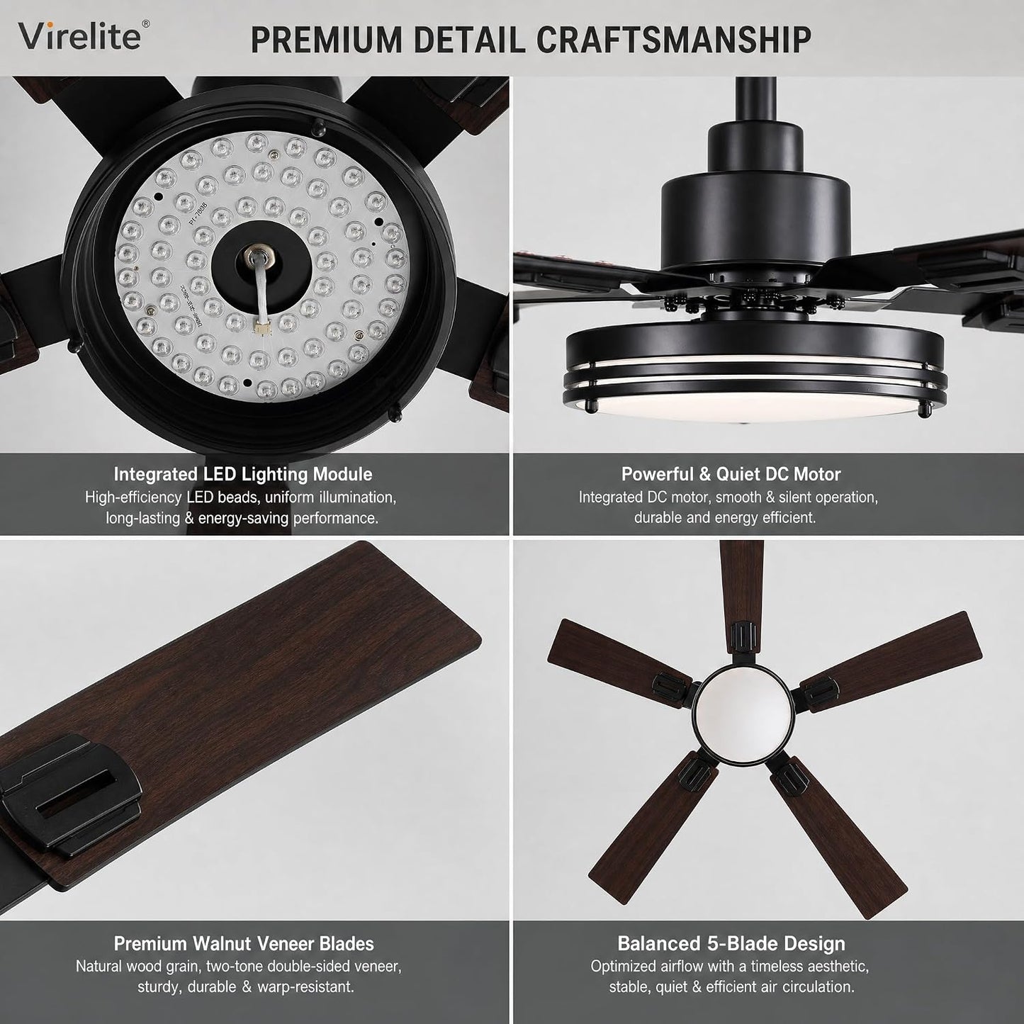 52" Ceiling Fan with Light, Farmhouse DC Motor Ceiling Fan with Remote & APP Control, 6-Speed Reversible, 3CCT Dimmable LED, 5 Walnut Blades for Living Room Bedroom 1