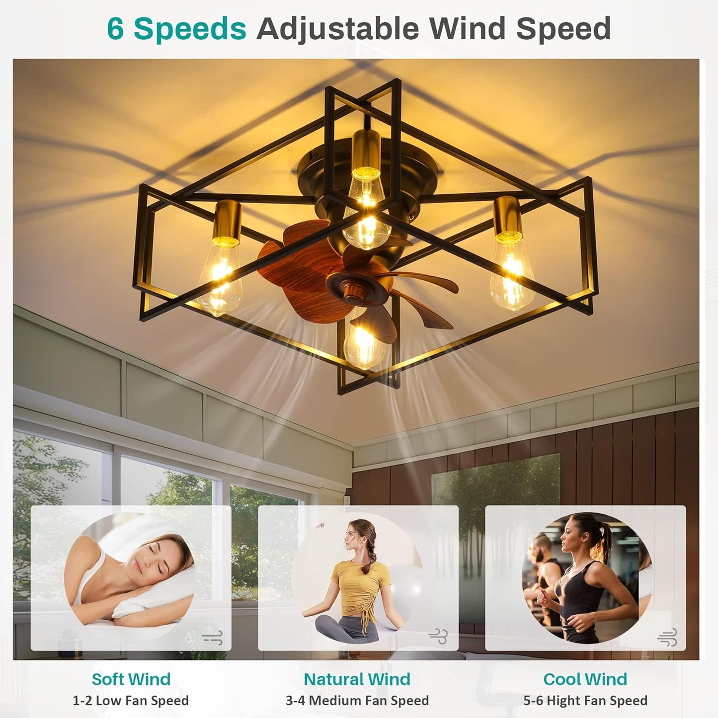 OSGNER Low Profile Ceiling Fans with Lights, Black Caged Ceiling Fan with Lights Remote Control, Square Bladeless Ceiling Fan with Light, Flush Mount