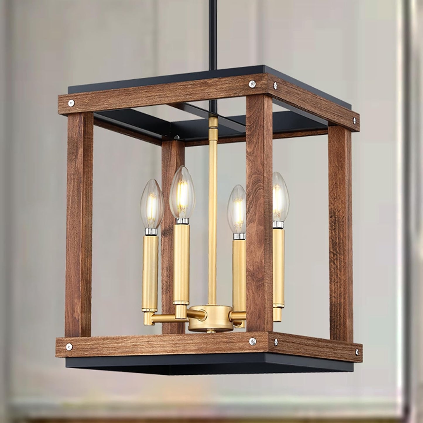 2 Pack 4 Light Farmhouse Adjustable Rod Gold Painted Beech Wood Semi Flush Mount Light Fixtures Black Finish,Rustic Hanging Pendant Chandeliers for