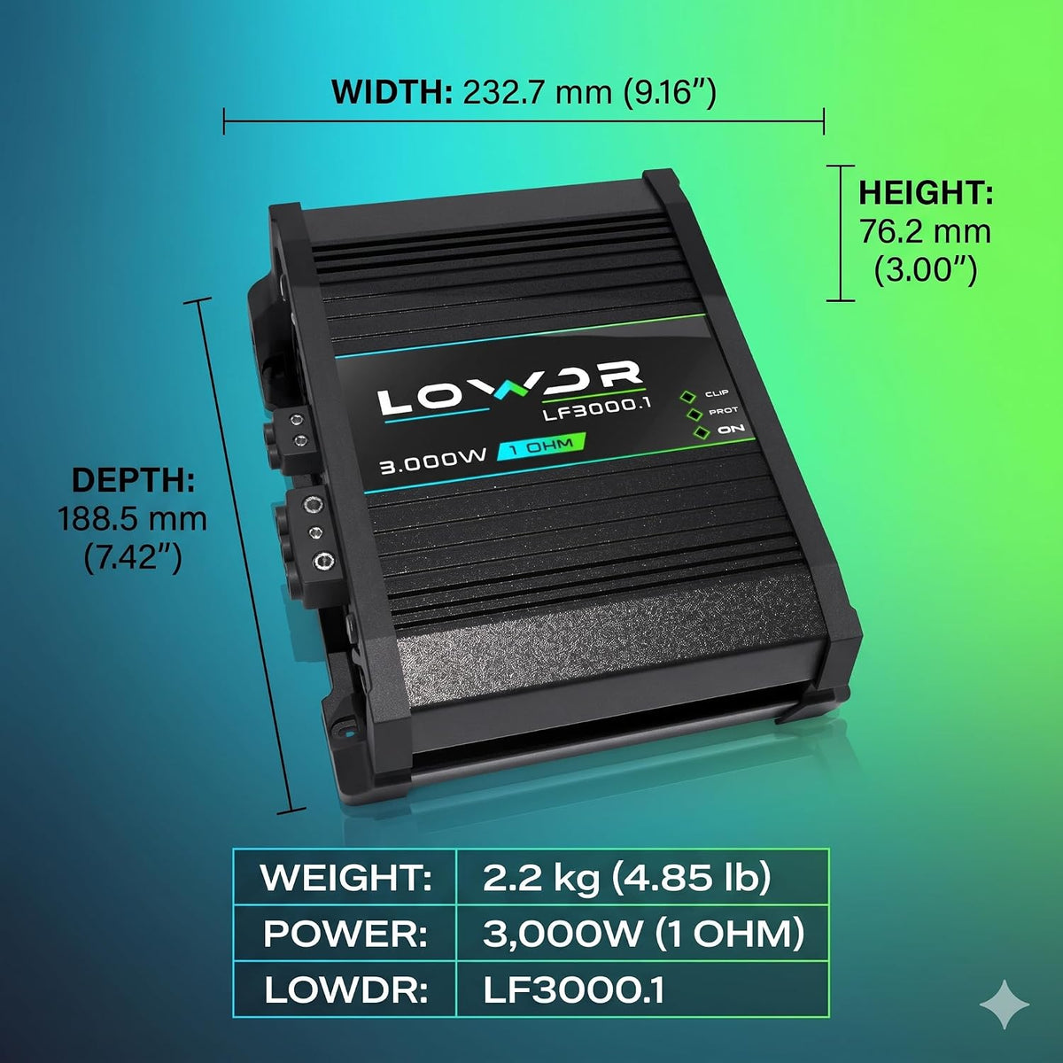 LOWDR LF 3000.1_1 Ohm Car Audio Digital Mono Amplifier 3000W RMS 1 Channel RCA Input Full Range High Efiency Class D Monoblock