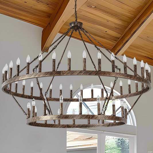 60 inch Extra Large Wagon Wheel Chandelier 2 Tier Patina Color, 54-Light Bronze Farmhouse Wagon Wheel Chandeliers Ind